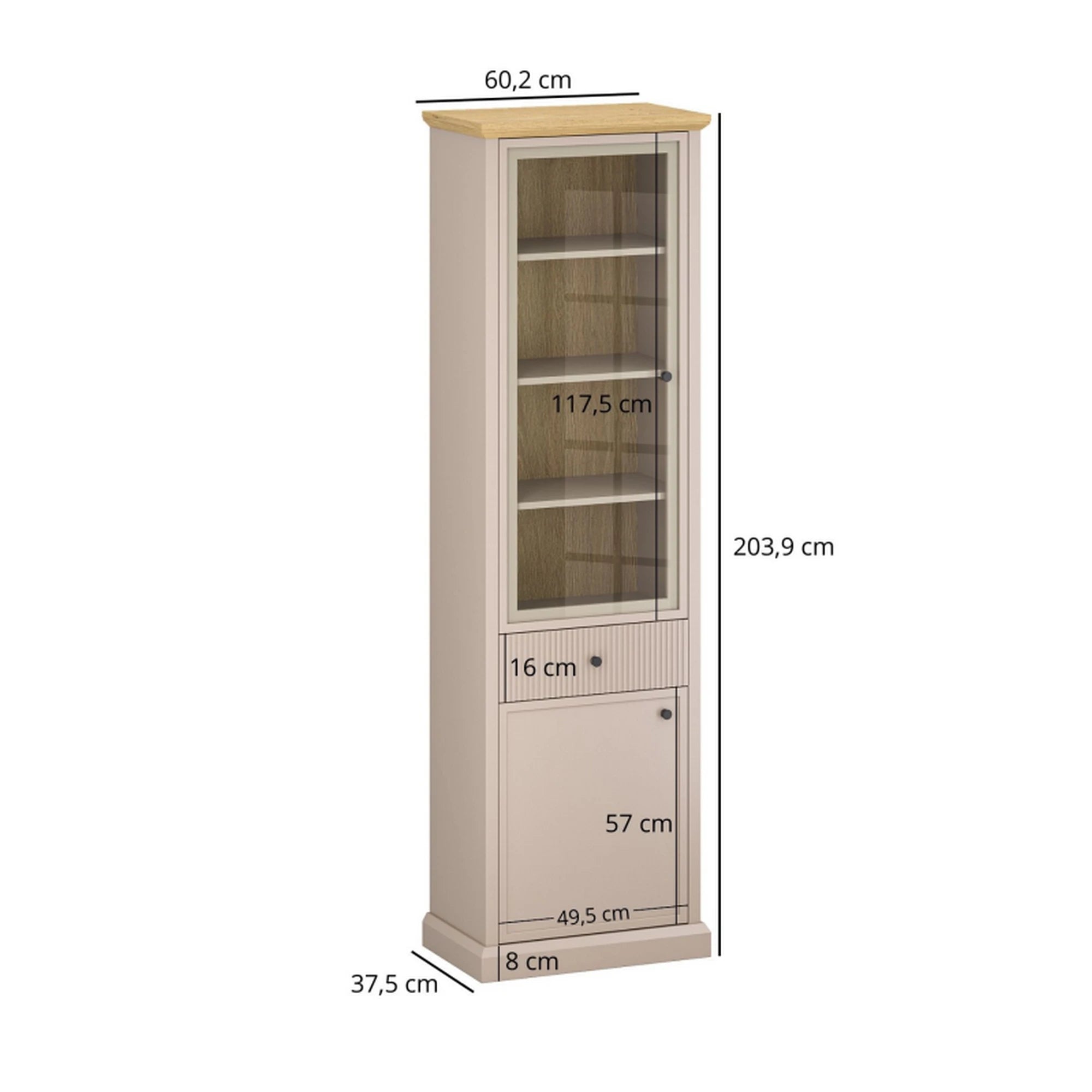 Vitrina IDELLO, taupe/stejar, PAL laminat, cu iluminare LED, 60x38x204 cm
