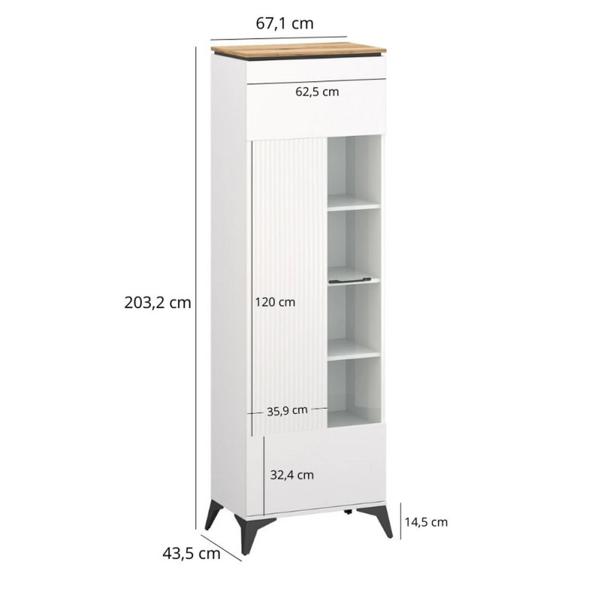 Vitrina VELUTTO, alb/stejar, PAL, cu iluminare LED, 67x44x203 cm