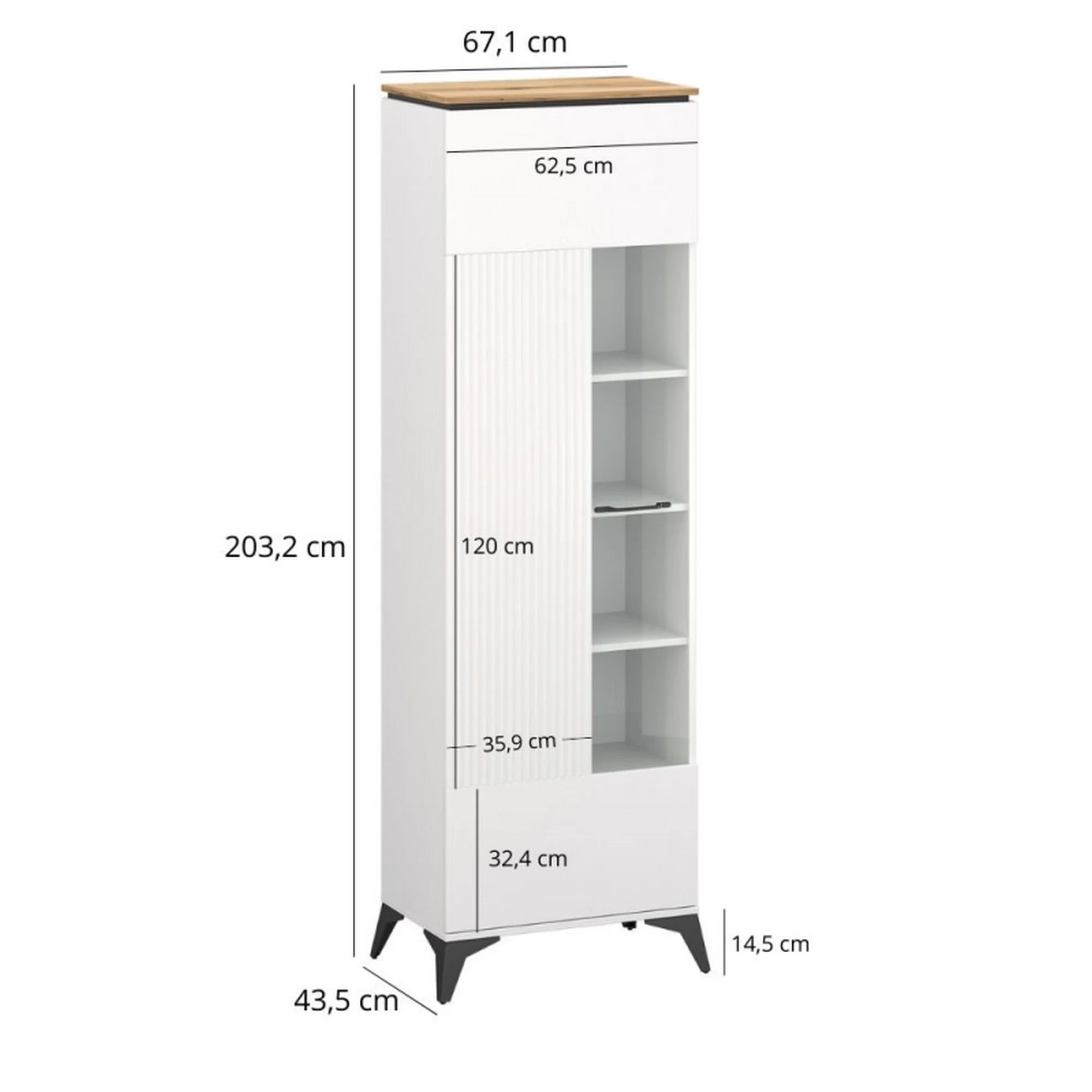 Vitrina VELUTTO, alb/stejar, PAL, cu iluminare LED, 67x44x203 cm