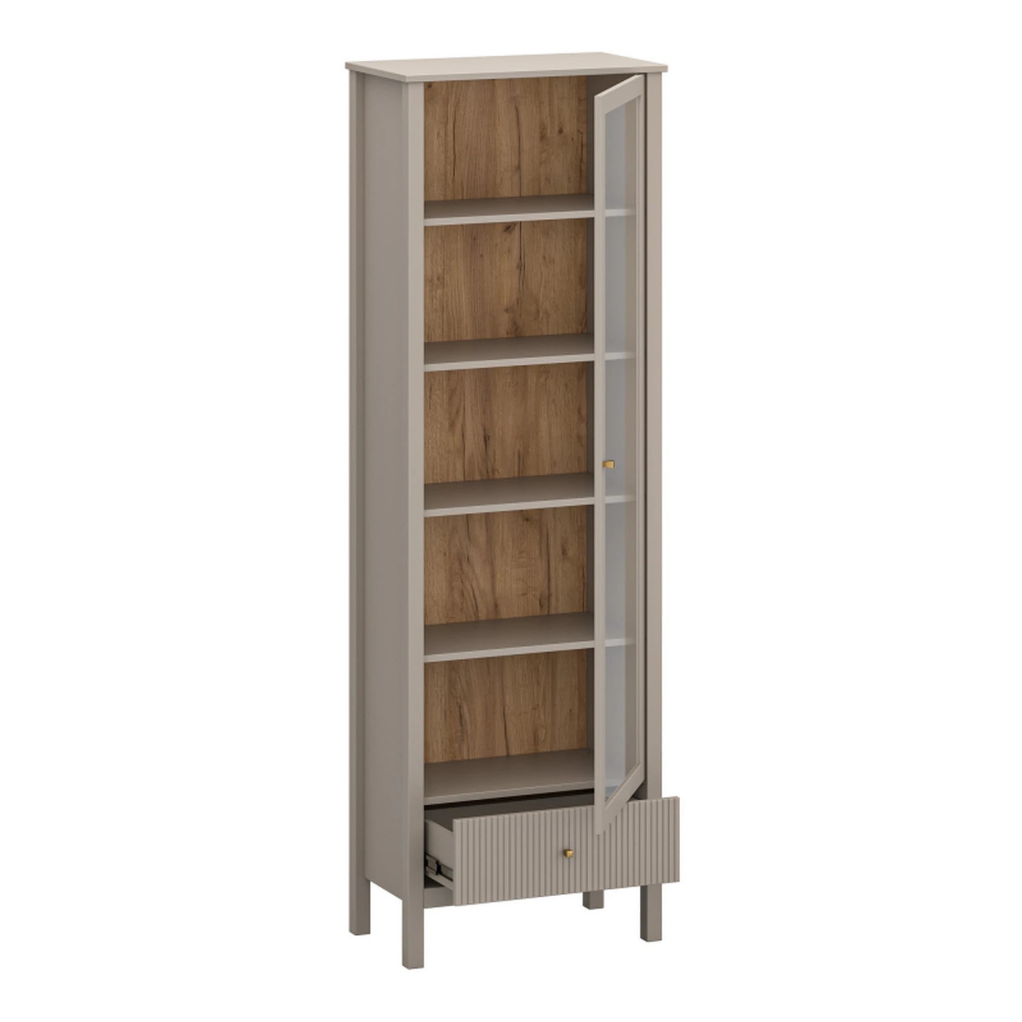 Vitrina pentru living KLEO, taupe, PAL laminat, cu iluminare LED, 65x37x201 cm