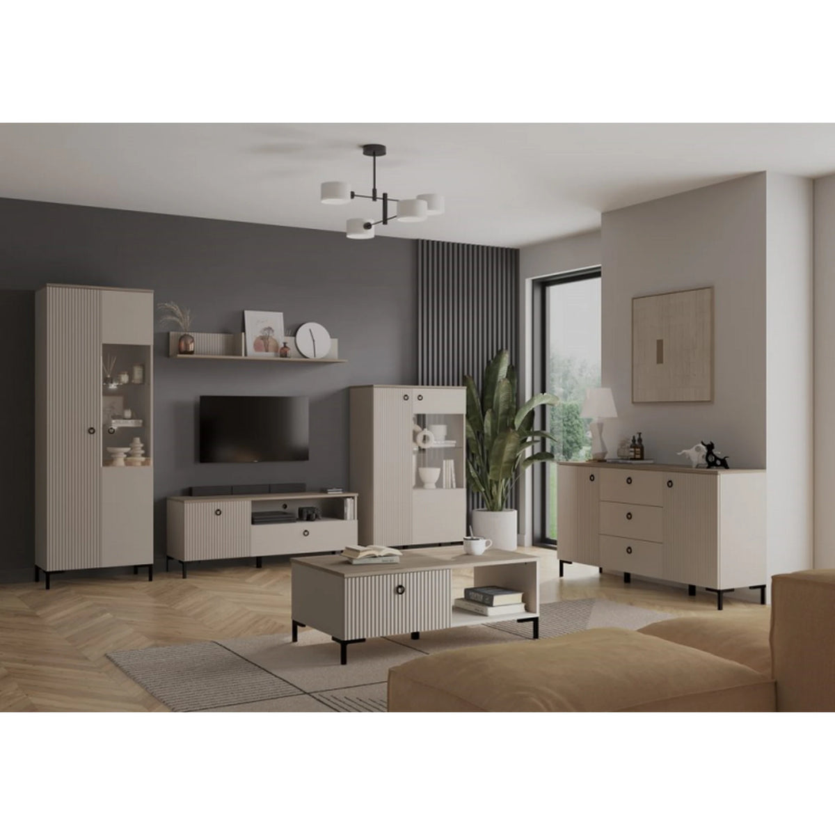 Comoda pentru living DOMINICA, grej/stejar, PAL laminat, 150x41x81 cm