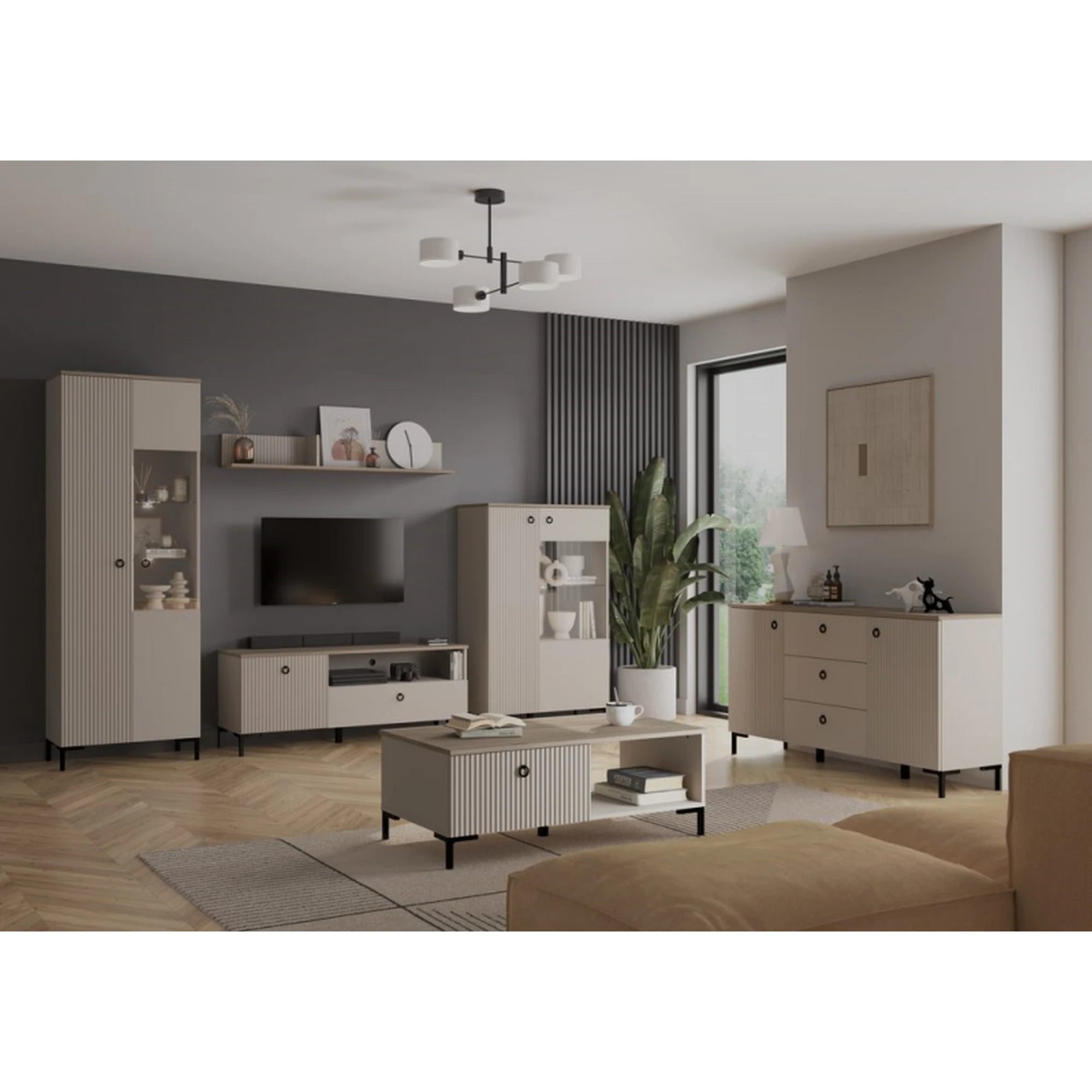 Comoda pentru living DOMINICA, grej/stejar, PAL laminat, 150x41x81 cm