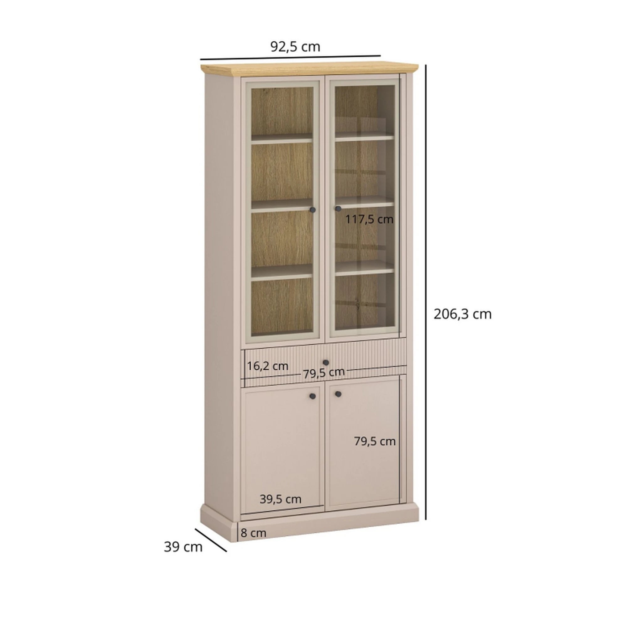 Vitrina IDELLO, taupe/stejar, PAL laminat, cu iluminare LED, 93x39x206 cm