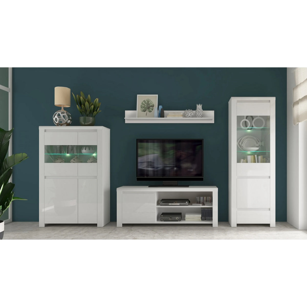 Vitrina living moderna LINGO, alb lucios, PAL laminat, cu iluminare LED, 68x42x202 cm