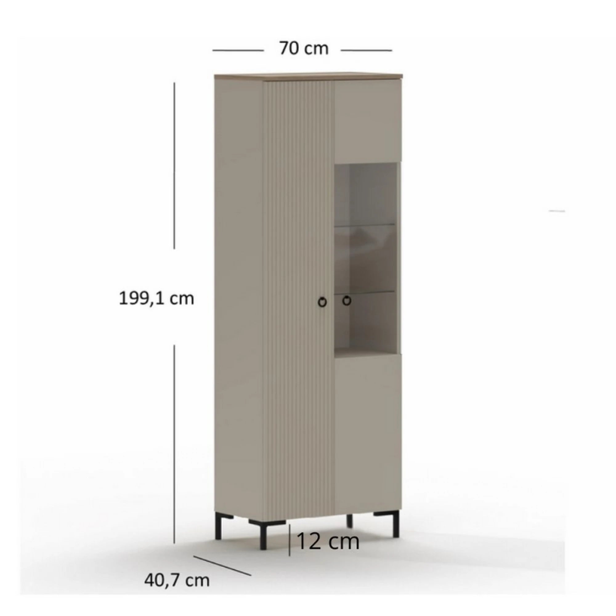 Vitrina pentru living DOMINICA, grej/stejar, PAL laminat, cu iluminare LED, 70x41x199 cm