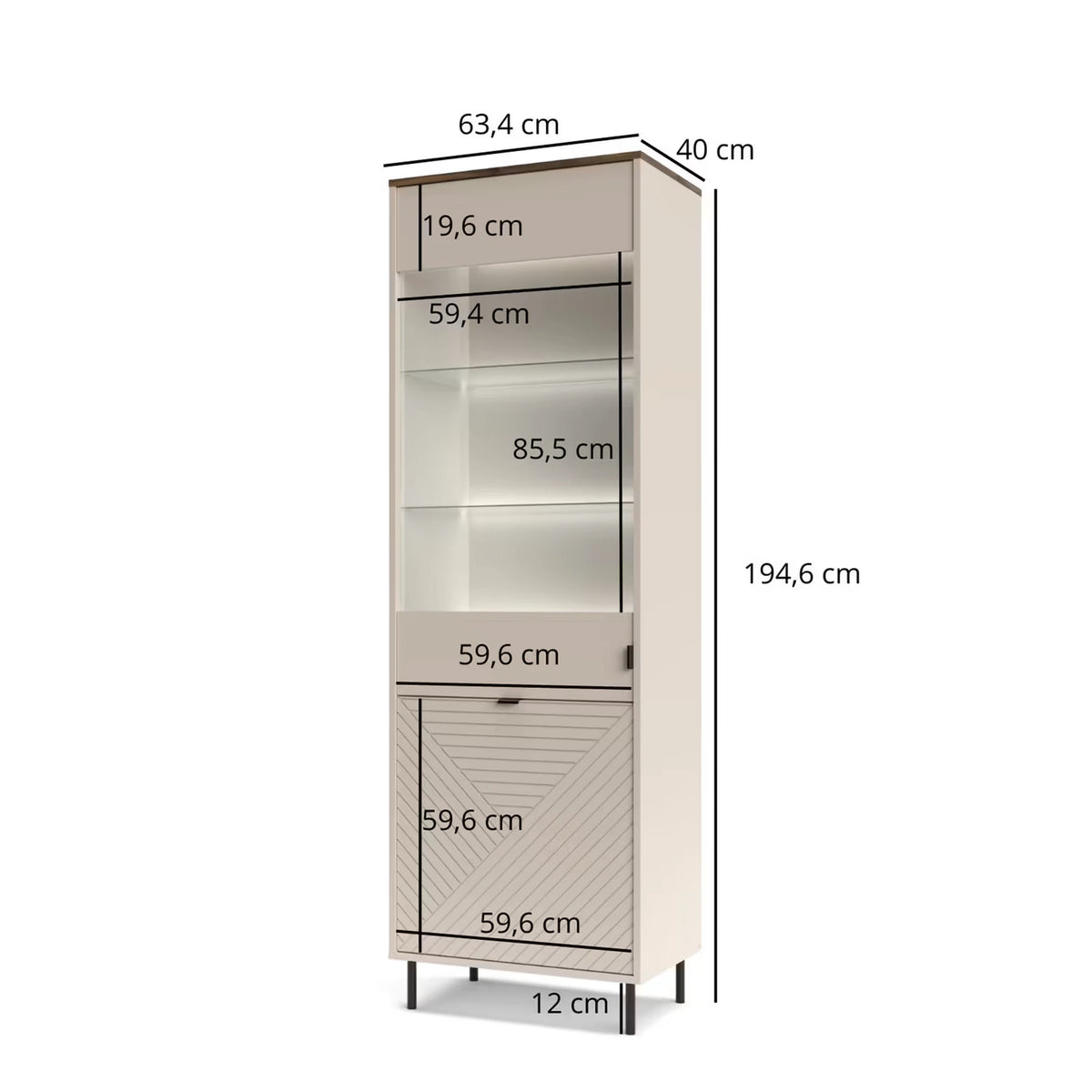 Vitrina living EVO, casmir, PAL laminat, cu iluminare LED, 64x40x195 cm
