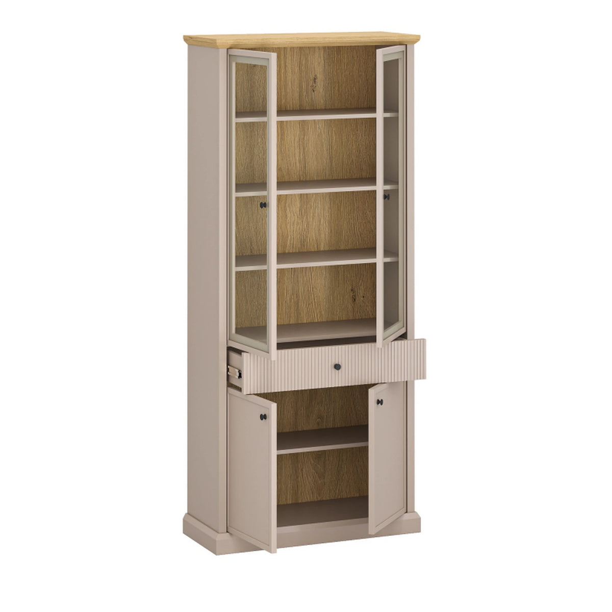 Vitrina IDELLO, taupe/stejar, PAL laminat, cu iluminare LED, 93x39x206 cm