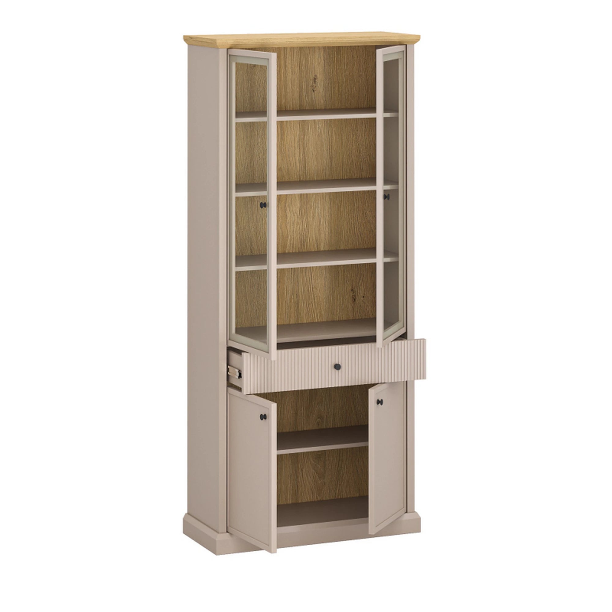 Vitrina IDELLO, taupe/stejar, PAL laminat, cu iluminare LED, 93x39x206 cm