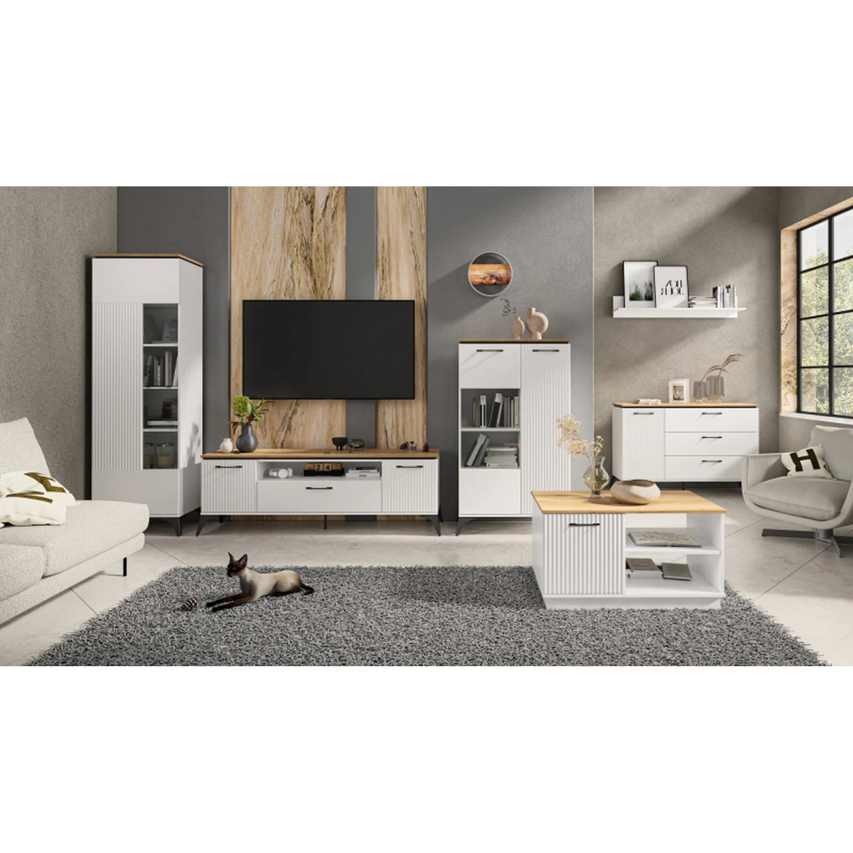Comoda tv sufragerie TV VELUTTO, alb/stejar, PAL, 175x44x56 cm