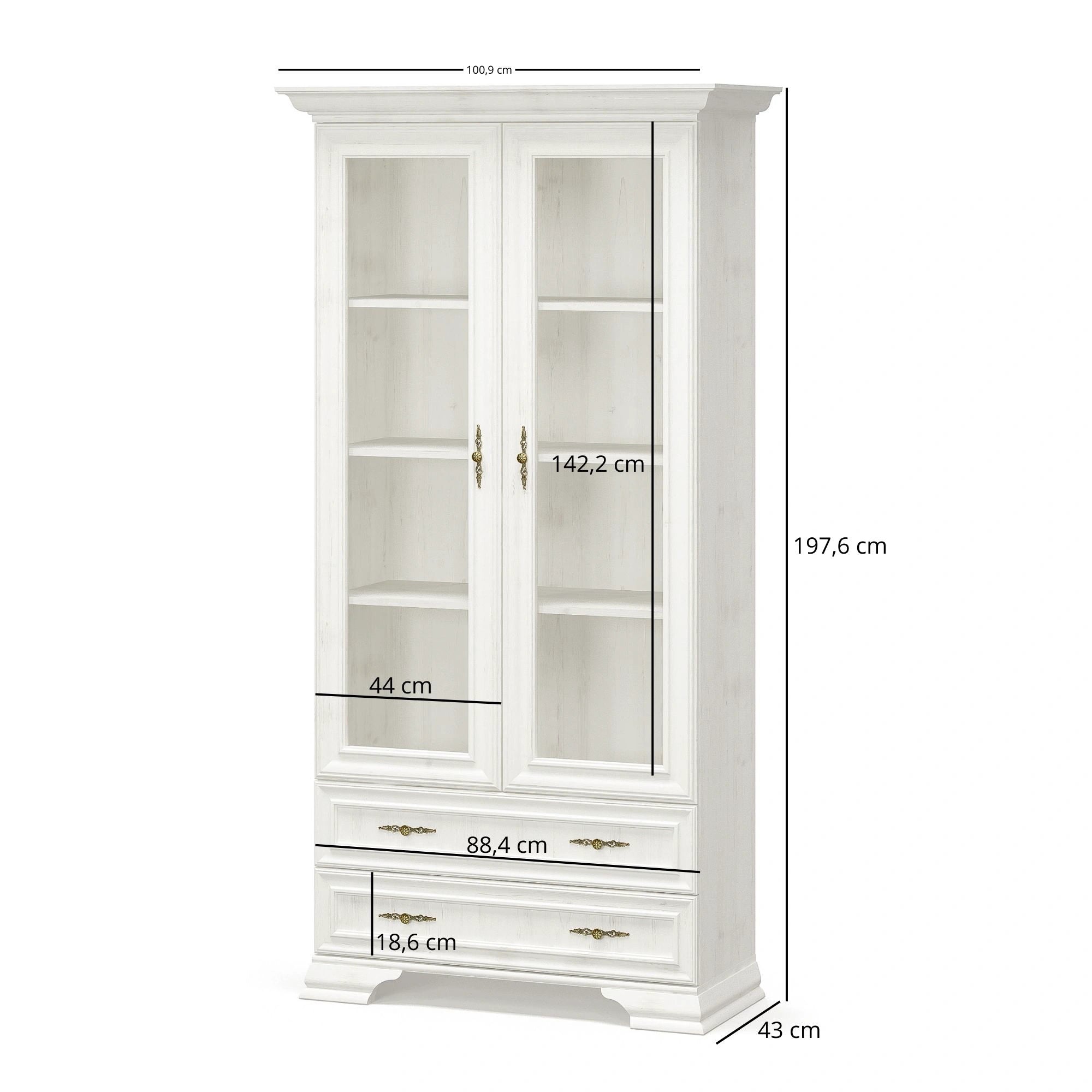Vitrina living clasica IRYS, pin alb anderson, PAL laminat, 101x43x198 cm