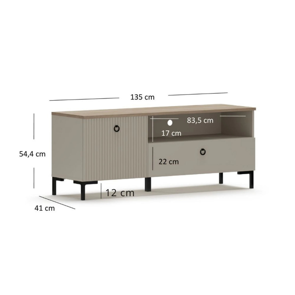 Comoda TV mica DOMINICA, grej/stejar, PAL laminat, 135x41x55 cm