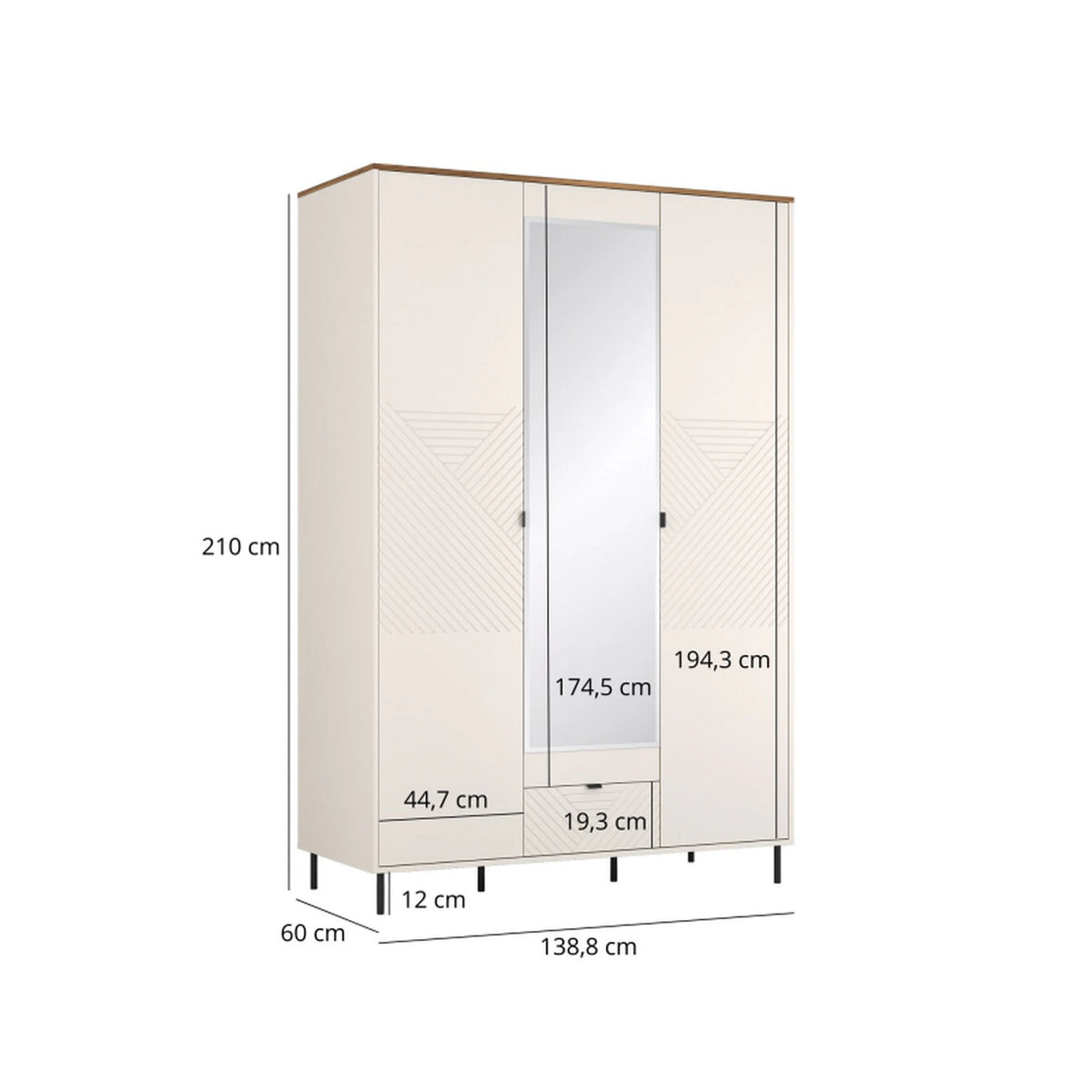Dulap dormitor oglinda EVO, casmir/stejar, PAL laminat, 139x60x210 cm
