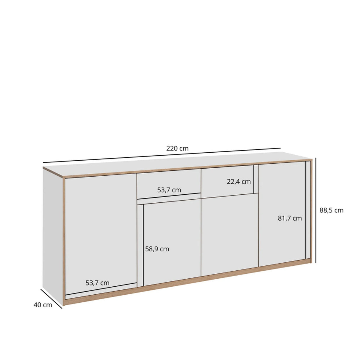 Comoda pentru living COMPLEX, alb, PAL laminat, 220x40x89 cm