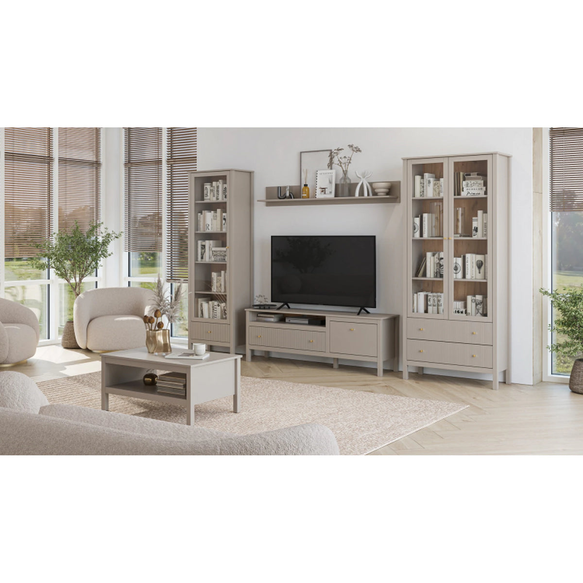 Vitrina pentru living KLEO, taupe, PAL laminat, cu iluminare LED, 90x37x201 cm