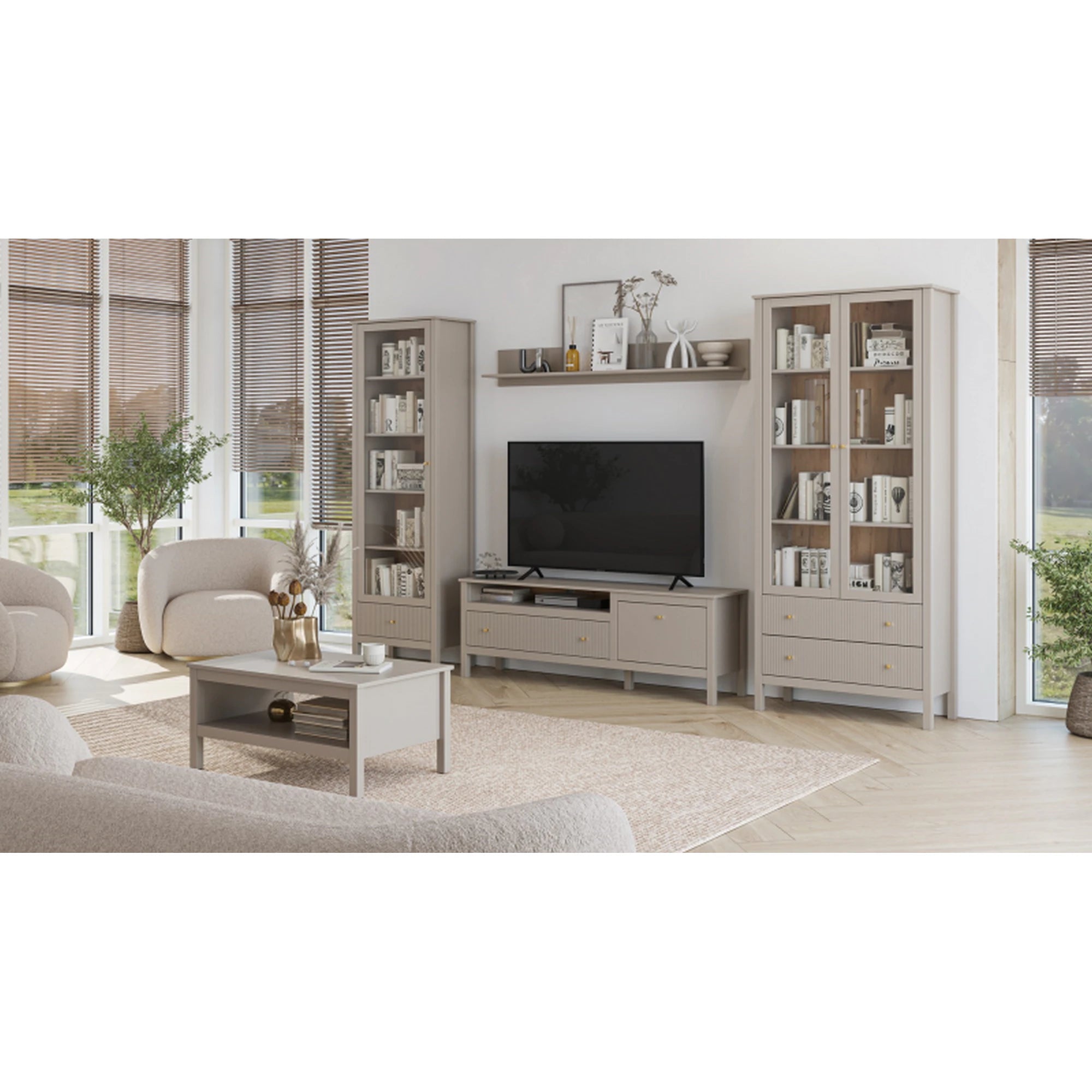 Vitrina pentru living KLEO, taupe, PAL laminat, cu iluminare LED, 90x37x201 cm