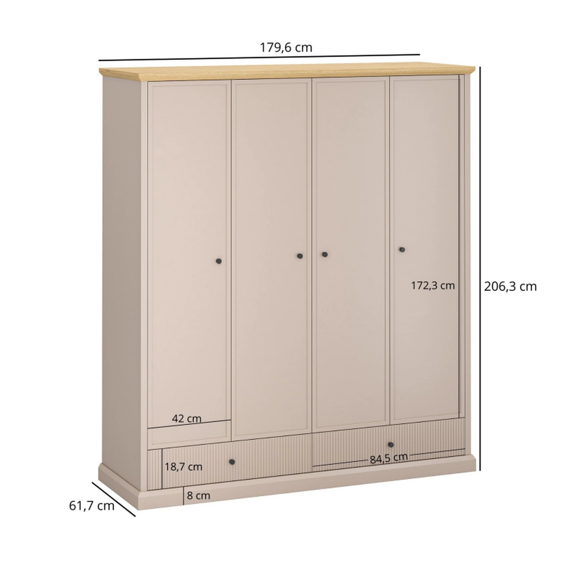 Dulap haine cu rafturi si sertare IDELLO, taupe/stejar, PAL, 180x62x207 cm