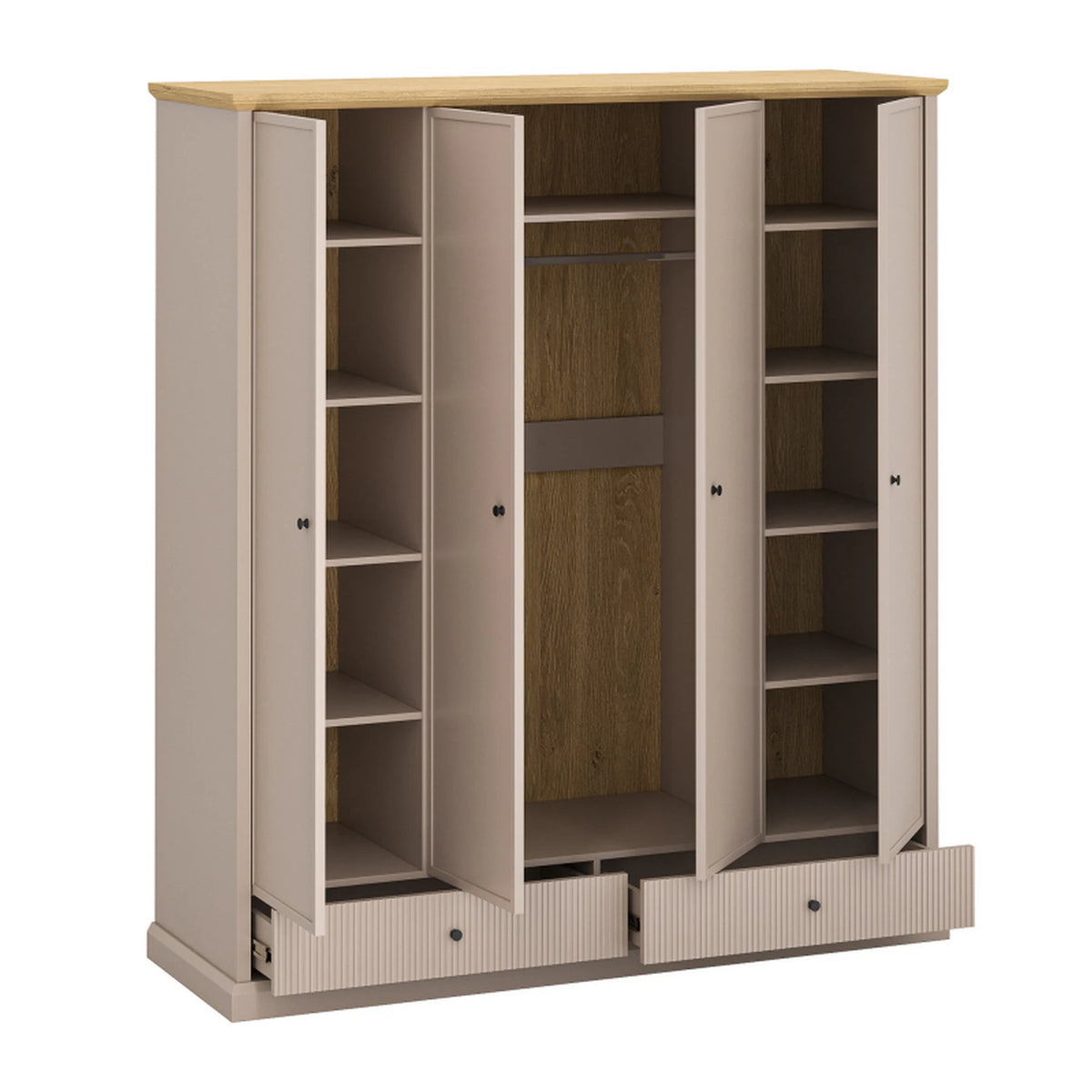 Dulap haine cu rafturi si sertare IDELLO, taupe/stejar, PAL, 180x62x207 cm