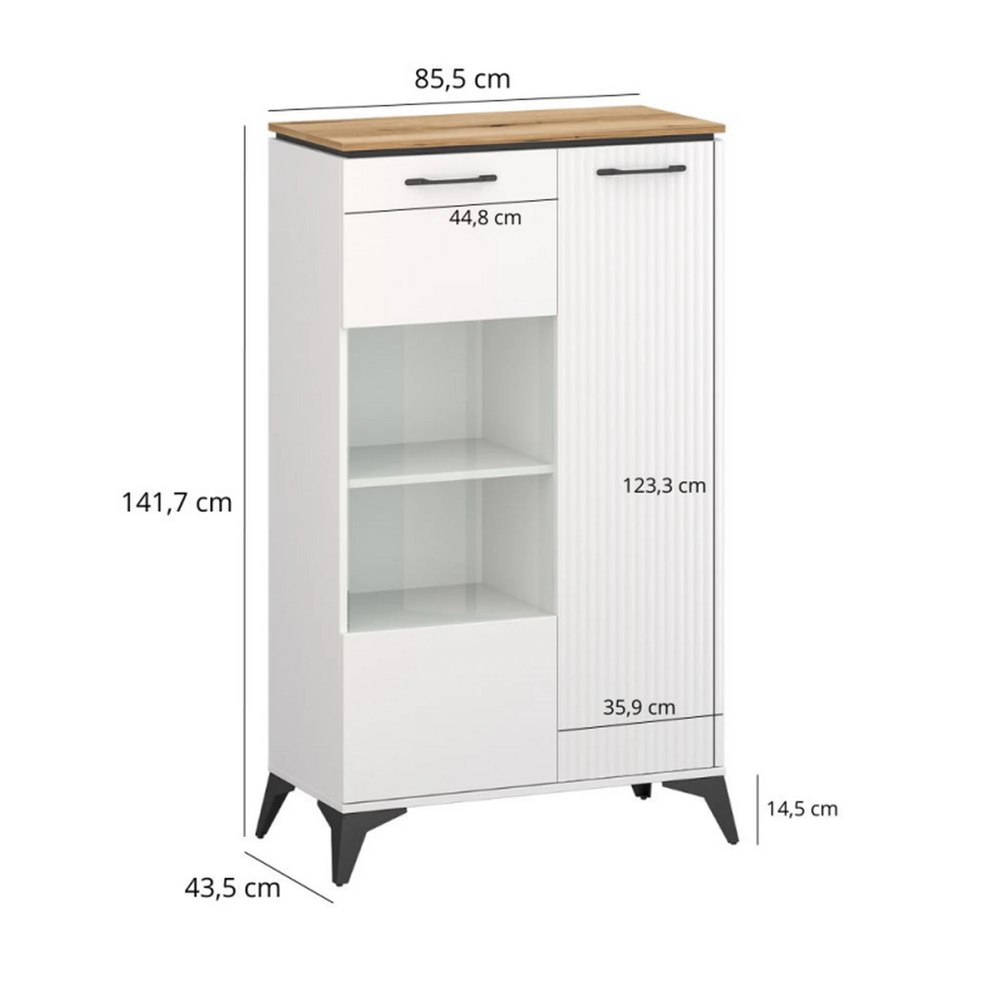 Vitrina VELUTTO, alb/stejar, PAL, cu iluminare LED, 86x44x142 cm