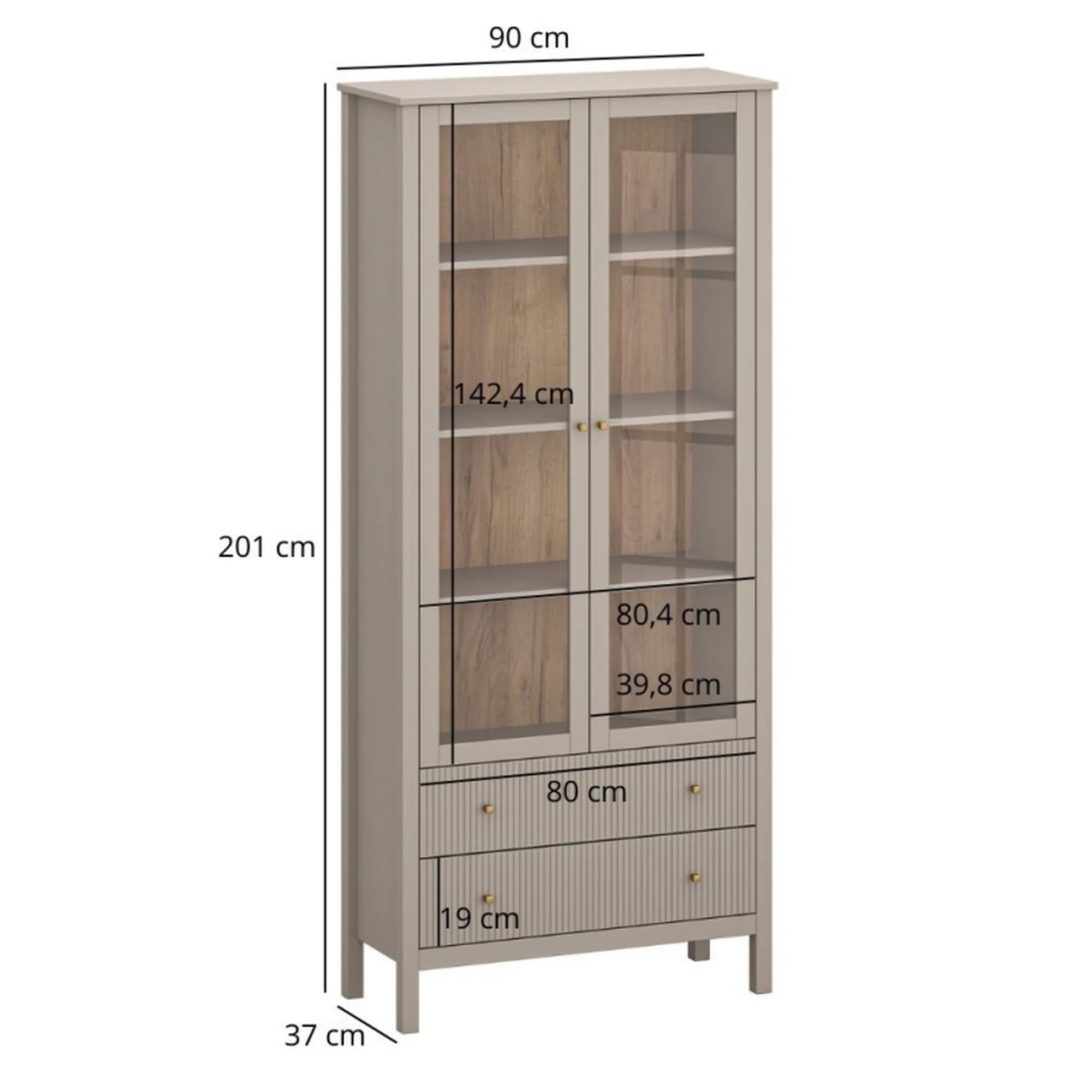 Vitrina pentru living KLEO, taupe, PAL laminat, cu iluminare LED, 90x37x201 cm