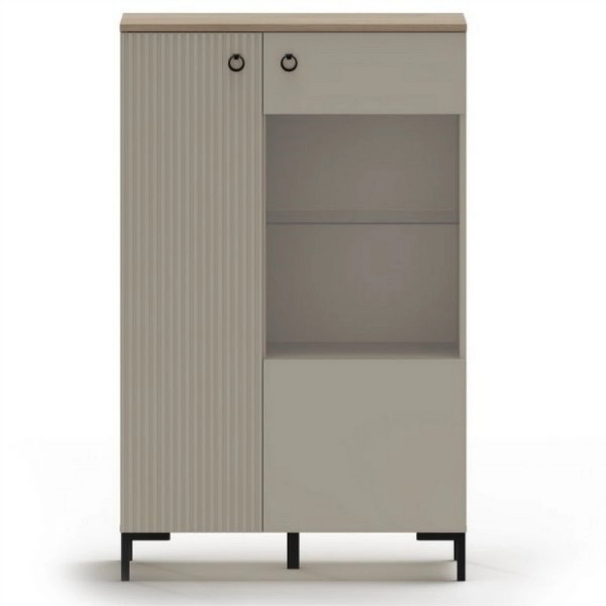 Vitrina pentru living DOMINICA, grej/stejar, PAL laminat, cu iluminare LED, 86x41x137 cm