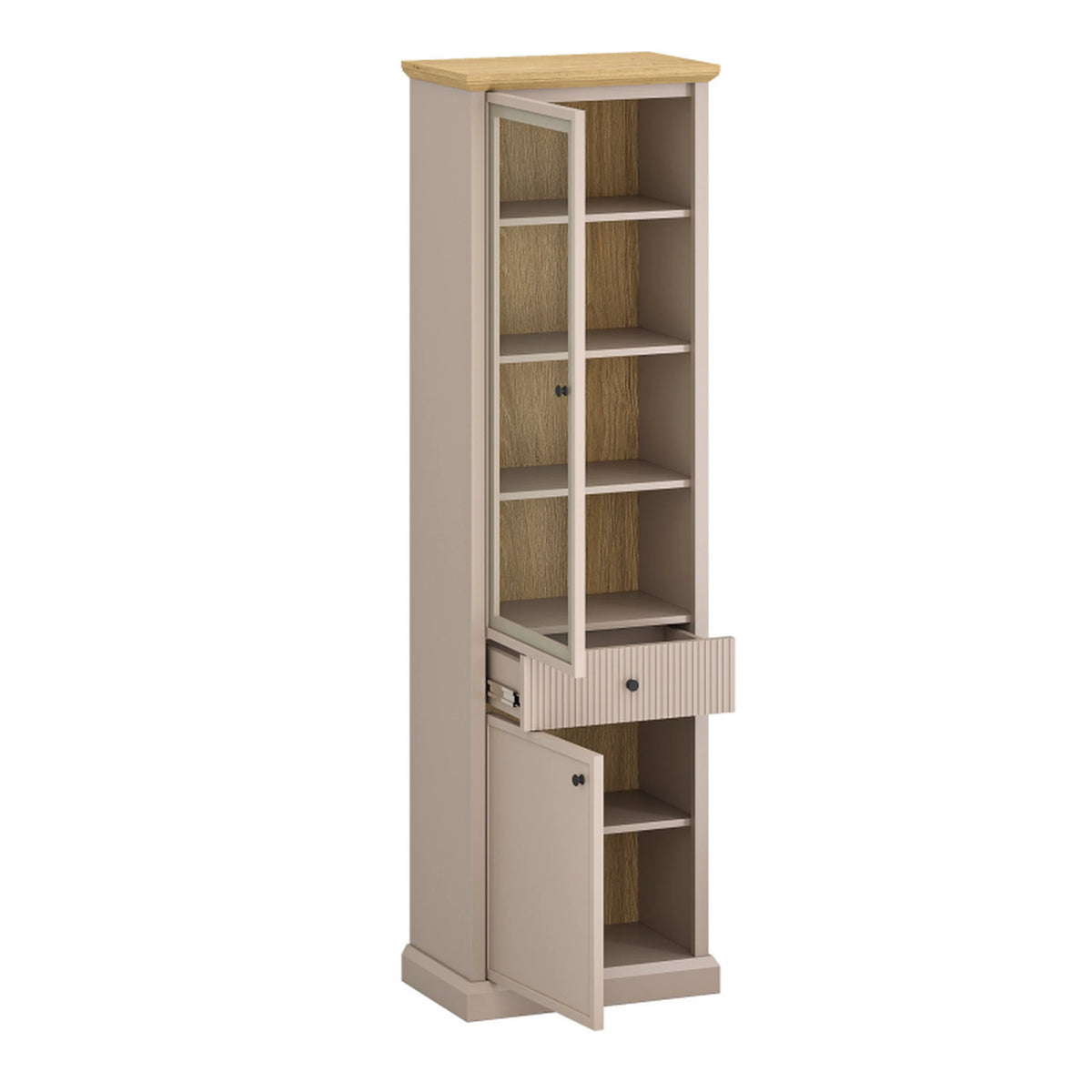 Vitrina IDELLO, taupe/stejar, PAL laminat, cu iluminare LED, 60x38x204 cm