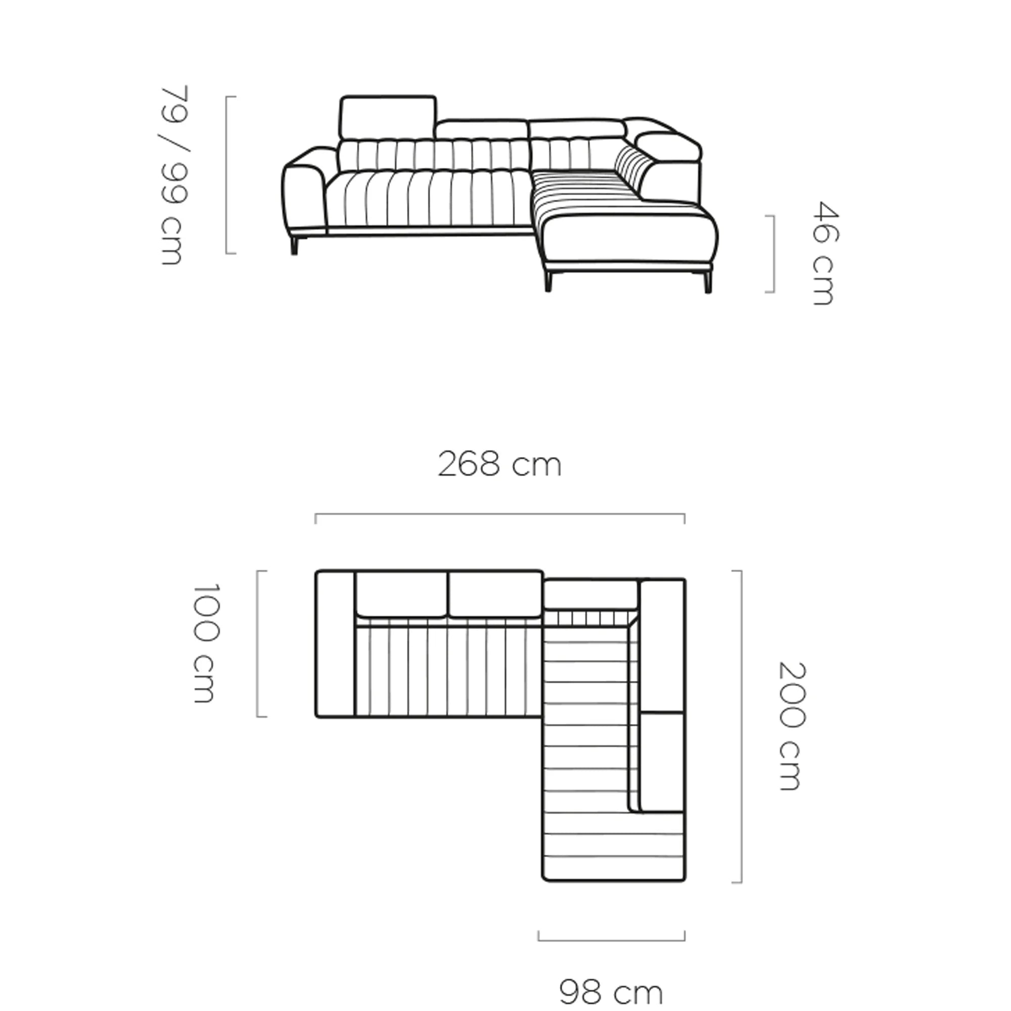 Coltar extensibil CALDO L, sezlong dreapta, stofa catifelata bej - Element 17, Gama Premium, cu lada depozitare si tetiere reglabile,  268x200x99 cm