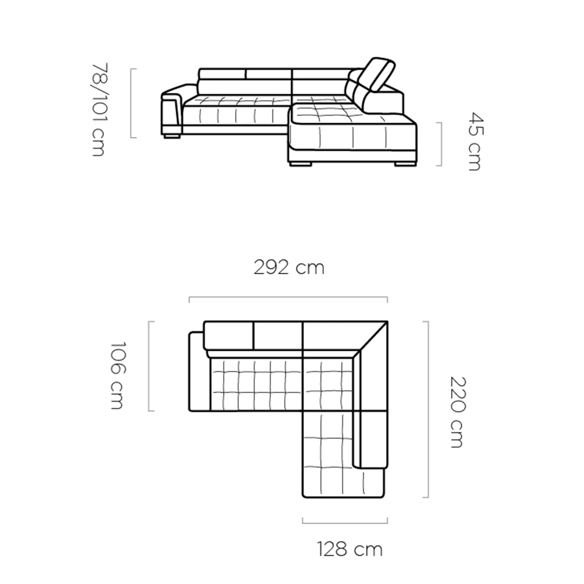 Coltar CAMPO L, personalizabil materiale gama Oferta Avantaj, cu reglaj electric si tetiere reglabile, 292x220x101 cm