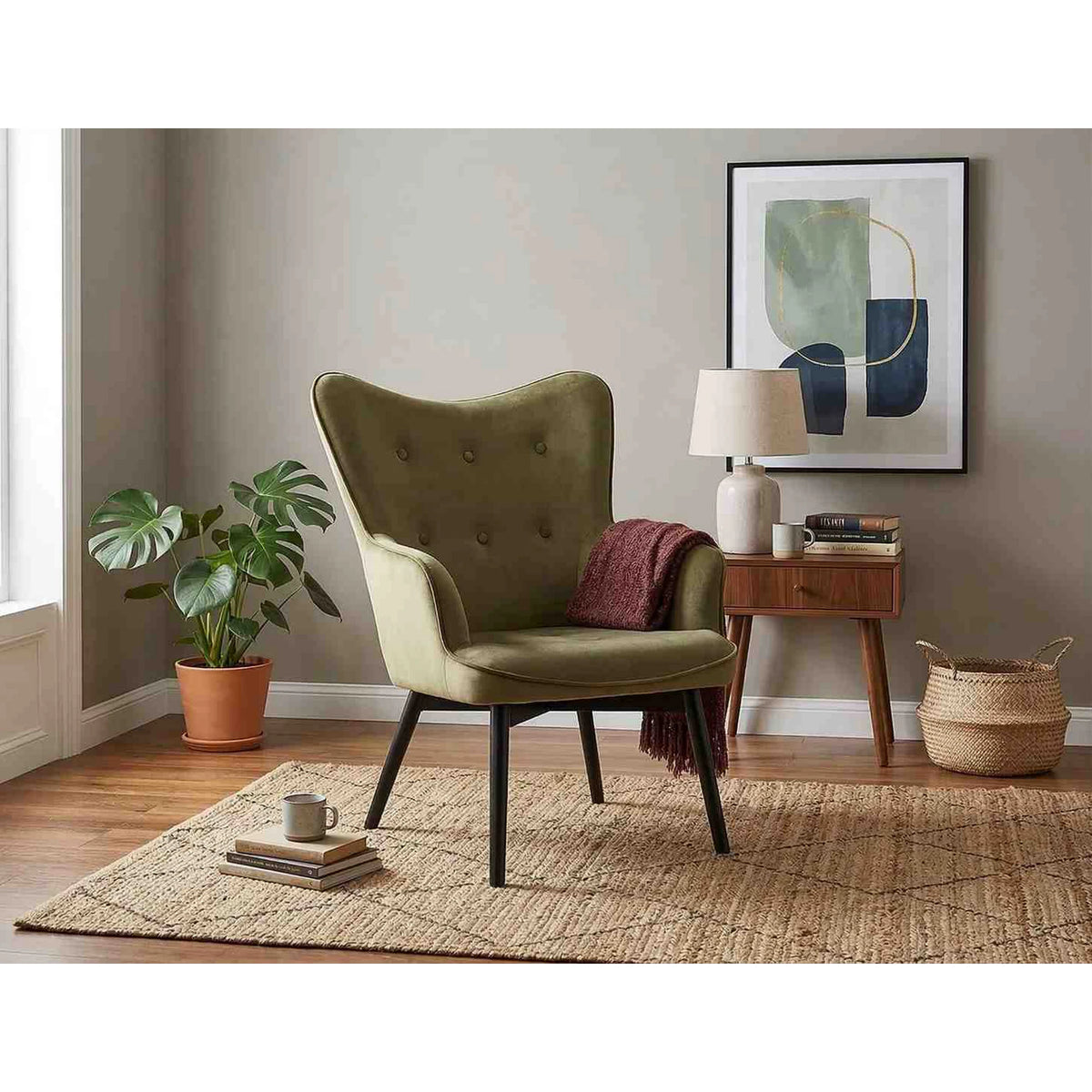 Fotoliu CARMEN, stofa catifelata verde olive - Bluvel 77, 72x75x99 cm