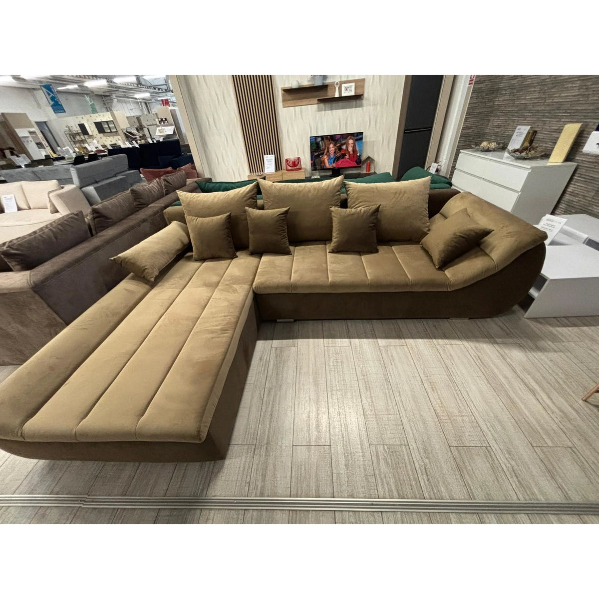 PRODUS RESIGILAT - Coltar extensibil ROSARIO-OANA, stofa crem/maro, cu lada depozitare, 300x200x76 cm