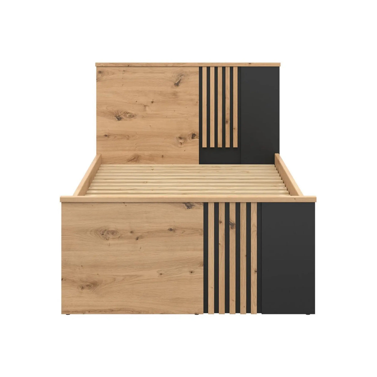 Cadru pat VABRES 90x200, stejar artisan/negru, PAL, cu spațiu depozitare