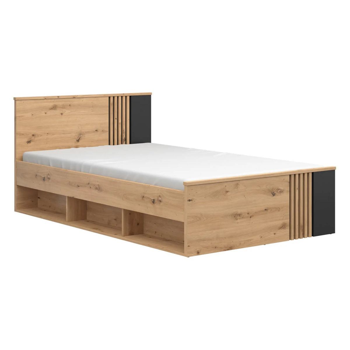 Cadru pat VABRES 120x200, stejar artisan/negru, PAL, cu spațiu depozitare