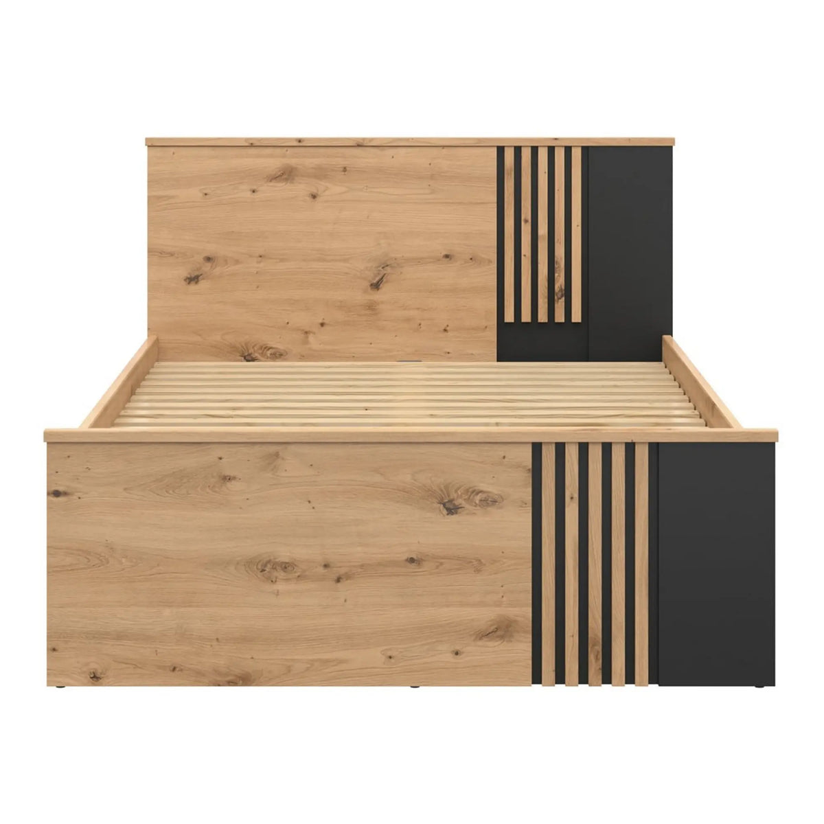 Cadru pat VABRES 120x200, stejar artisan/negru, PAL, cu spațiu depozitare
