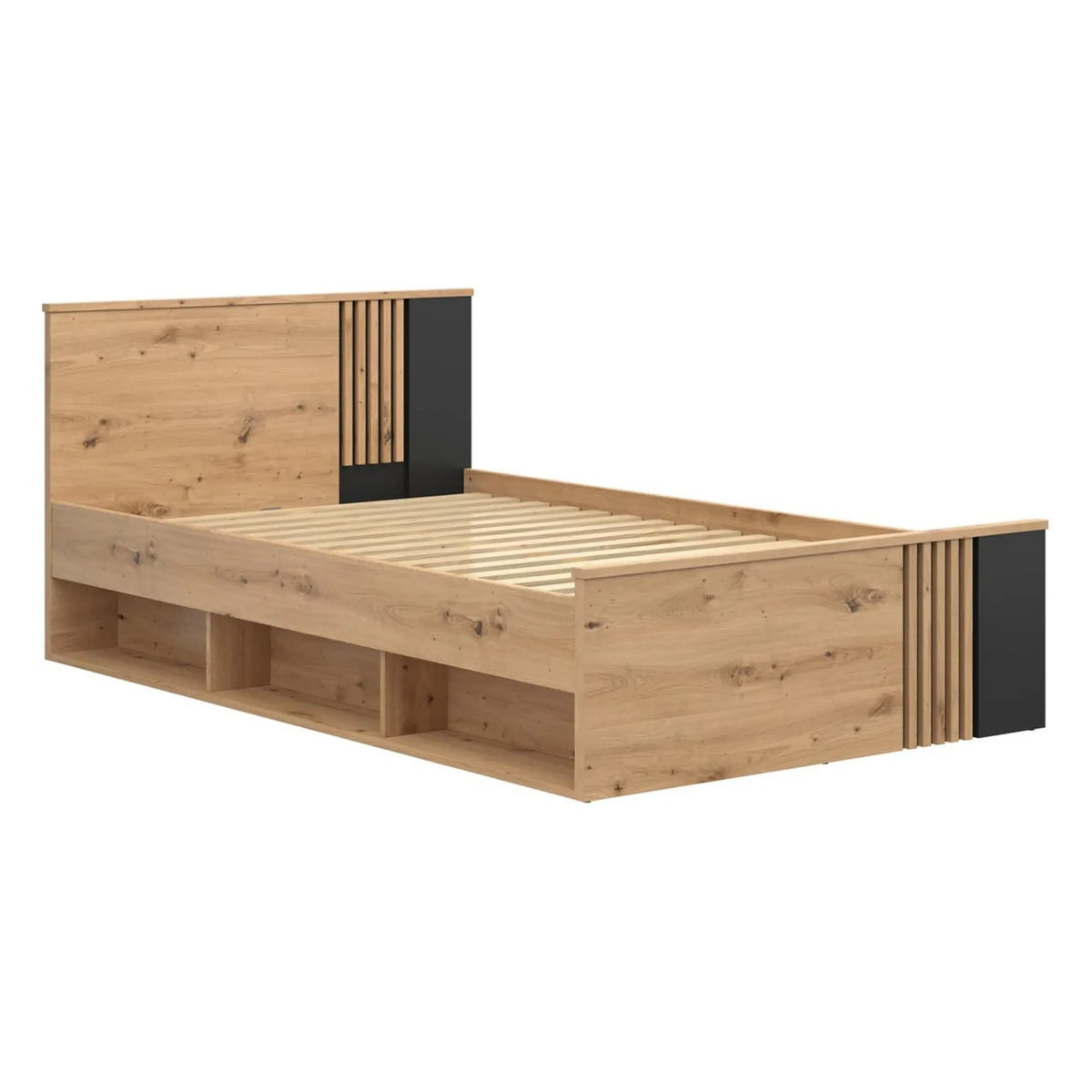 Cadru pat VABRES 120x200, stejar artisan/negru, PAL, cu spațiu depozitare