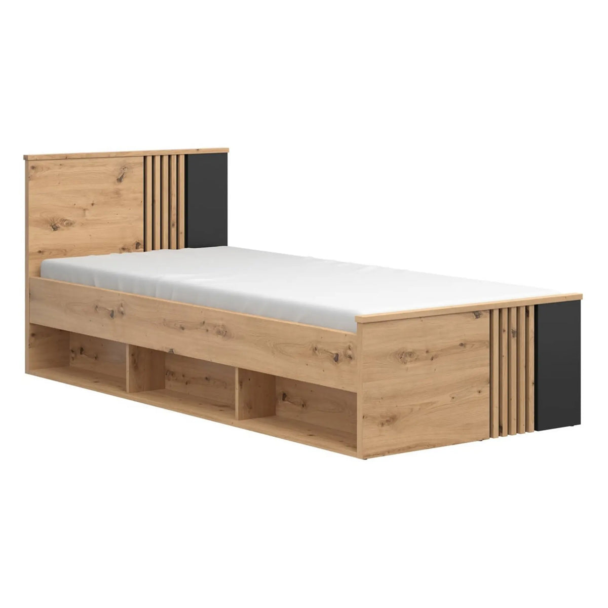 Cadru pat VABRES 90x200, stejar artisan/negru, PAL melaminat, cu spațiu depozitare