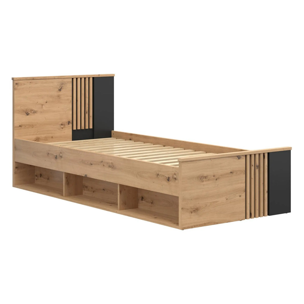 Cadru pat VABRES 90x200, stejar artisan/negru, PAL, cu spațiu depozitare