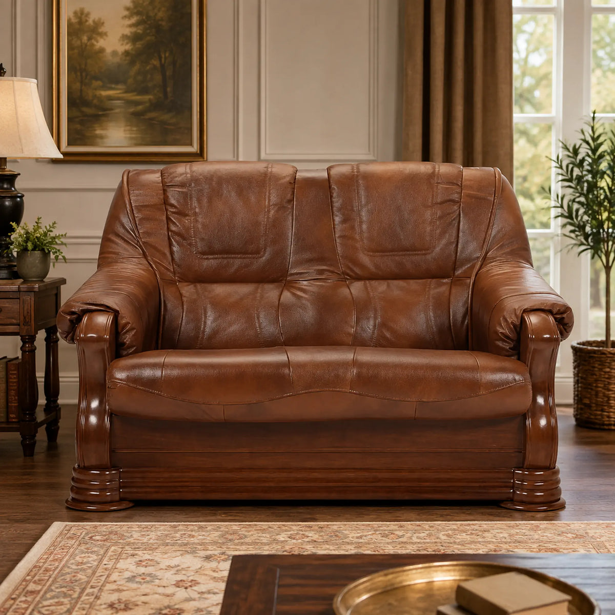 Canapea PARMA, maro, piele naturala/lemn/placaj, 145x96x95 cm