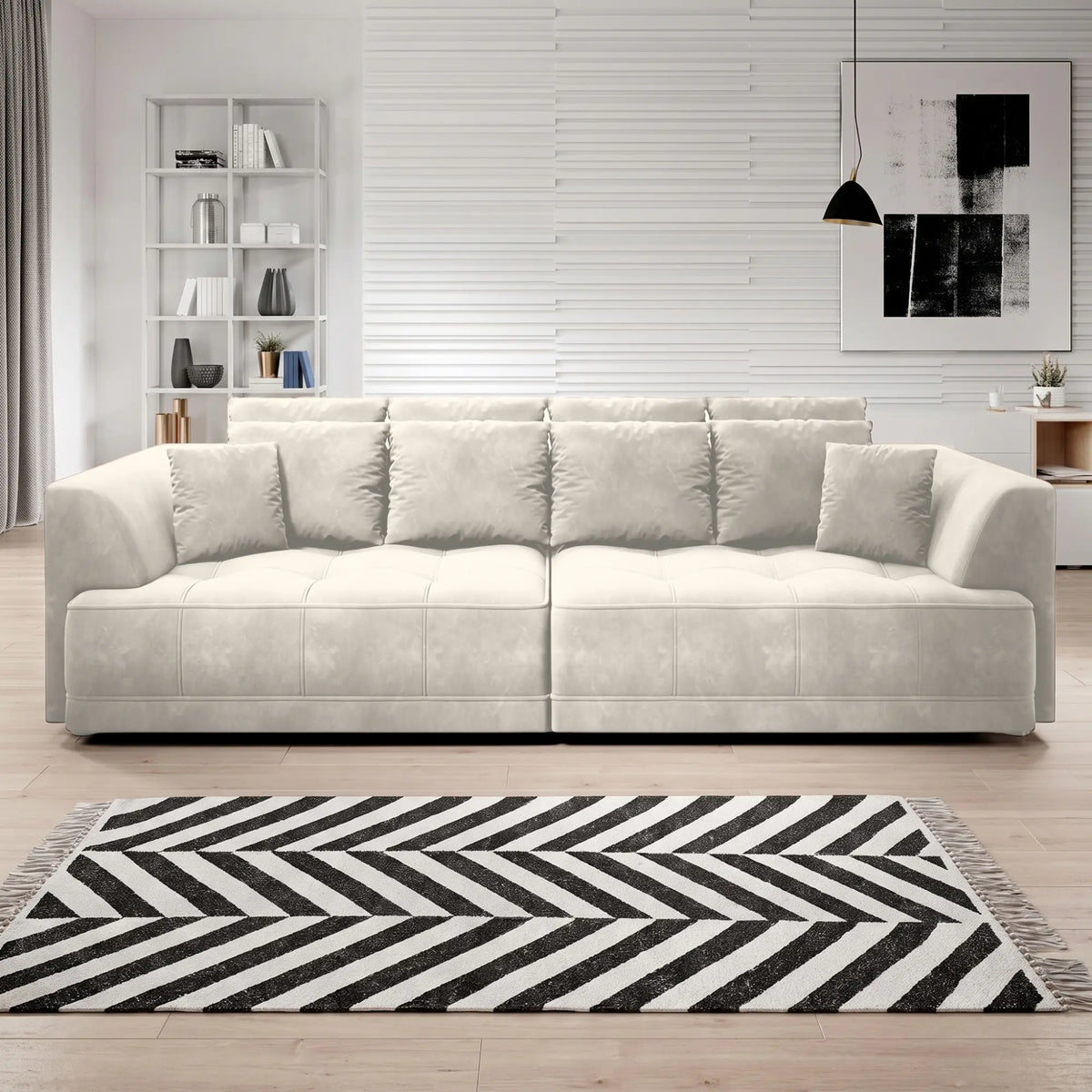 Canapea TIGA, stofa catifelata bej - Element 17, 302x136x88/72 cm