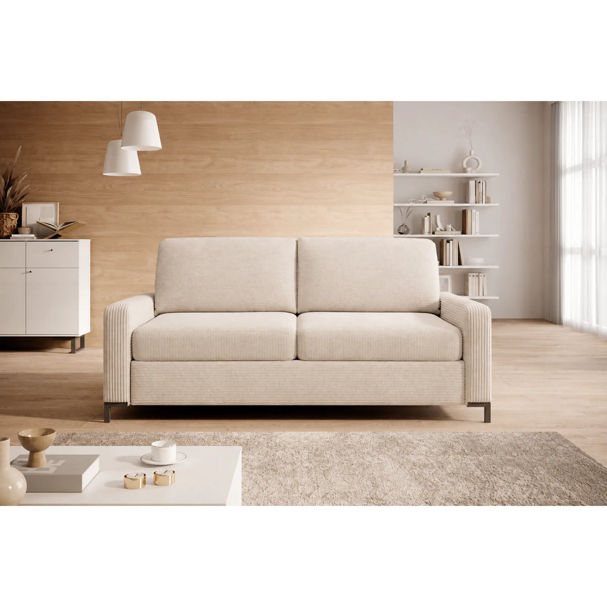 Canapea Tino extensibila 140, stofa catifelata bej - Palladium 02, 187x97x84 cm
