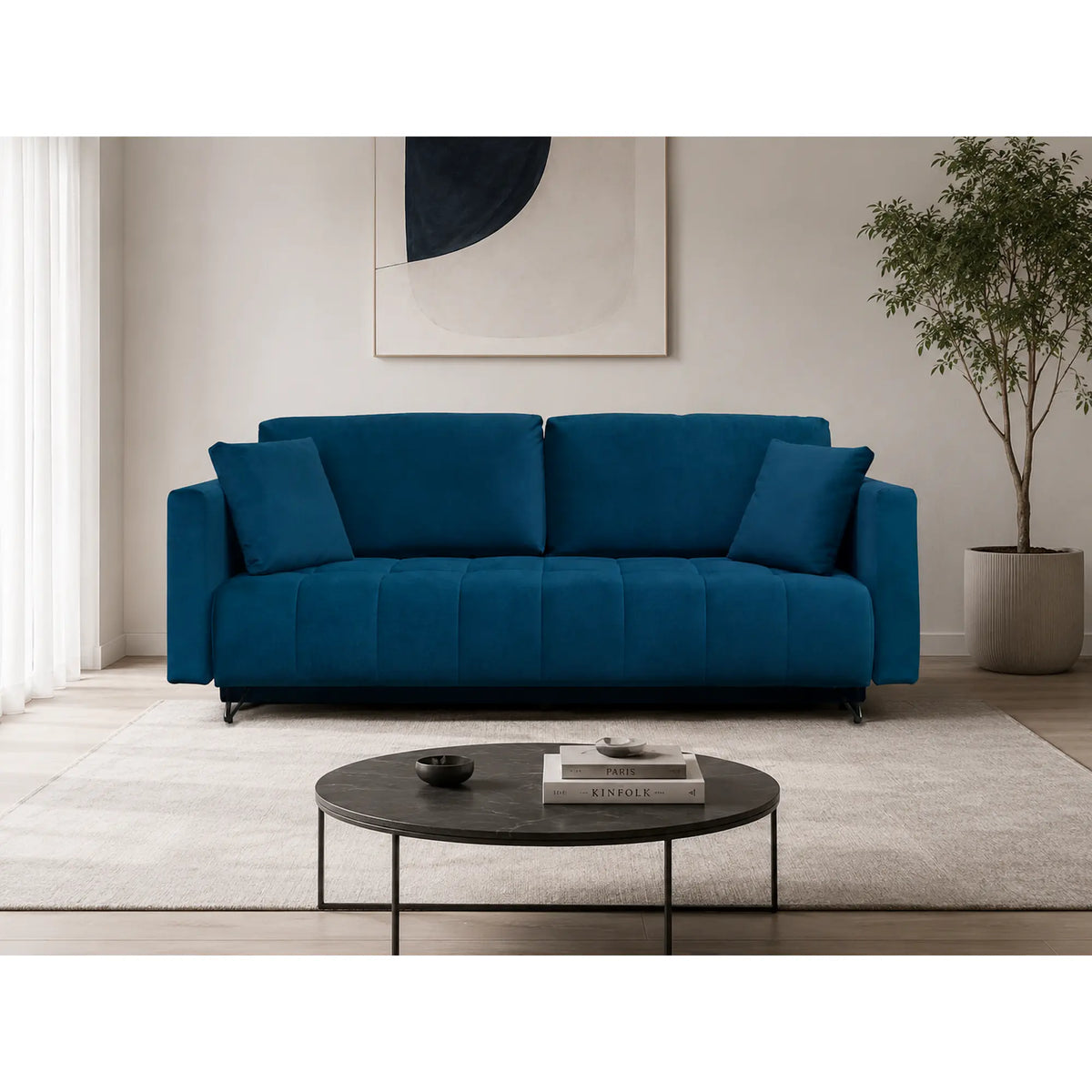 Canapea extensibila ALDO 3L, stofa catifelata albastru - Monolith 77, cu lada depozitare, 227x102x87 cm