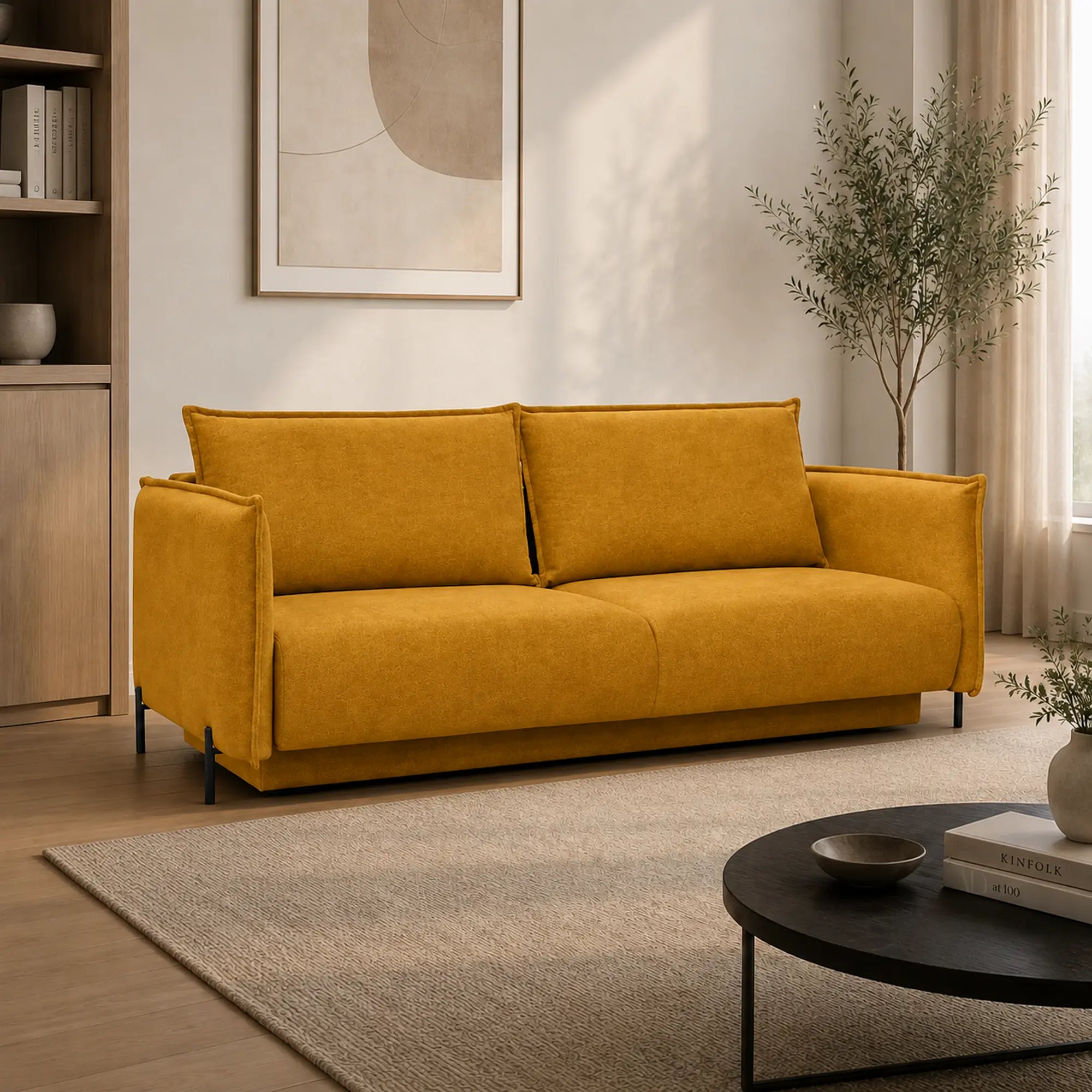 Canapea extensibila AMALFI, stofa galben - Soro 53, cu lada depozitare, 226x105x90 cm