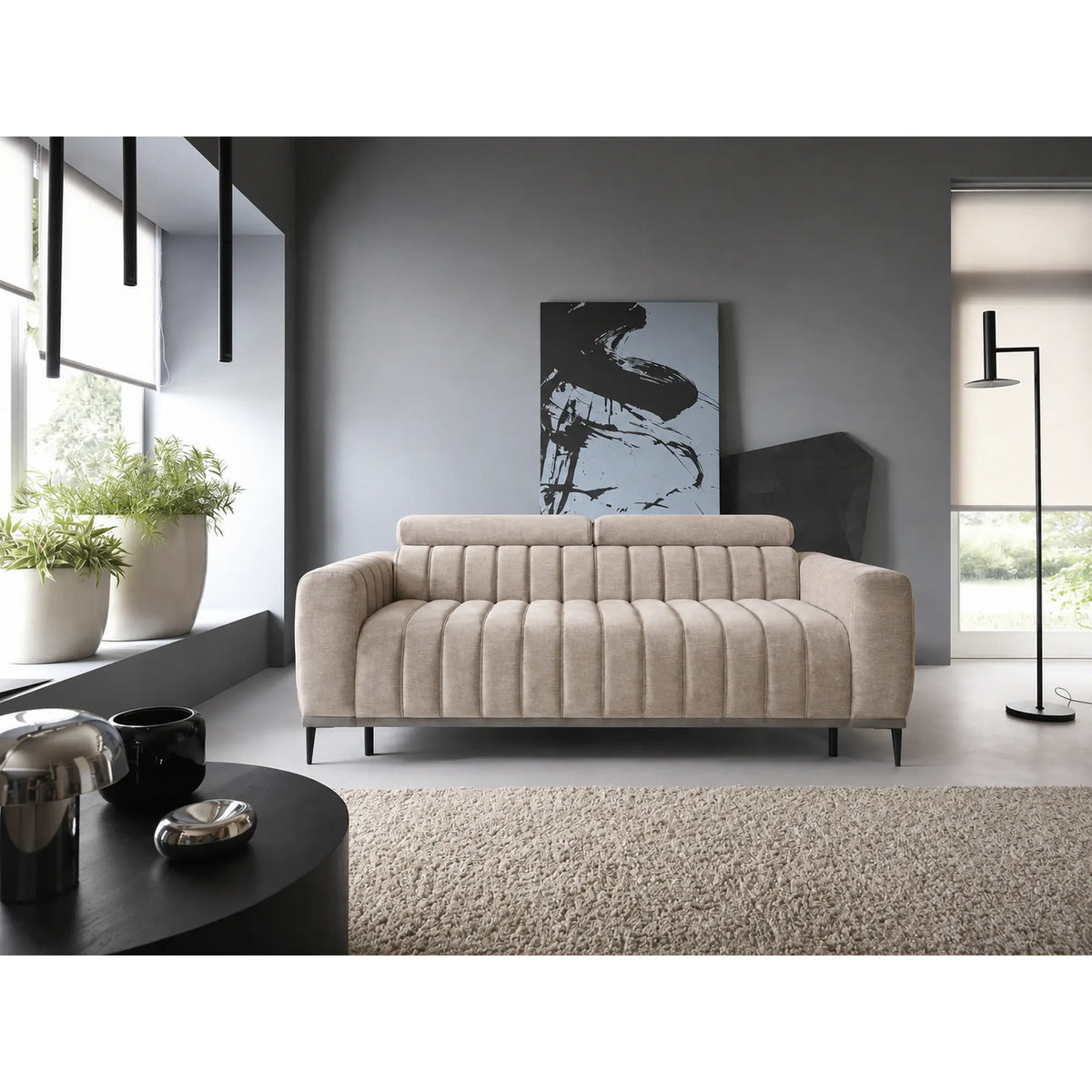 Canapea extensibila GANDI 140, stofa catifelata bej - Whisper 03, cu tetiere reglabile, 207x102x95 cm