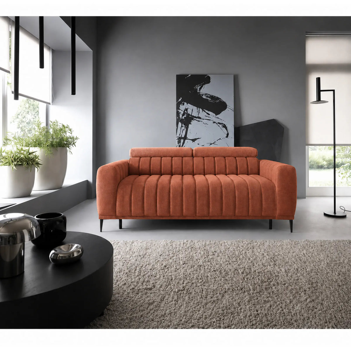 Canapea extensibila GANDI 140, stofa catifelata caramiziu - Salvador 07, cu tetiere reglabile, 207x102x95 cm