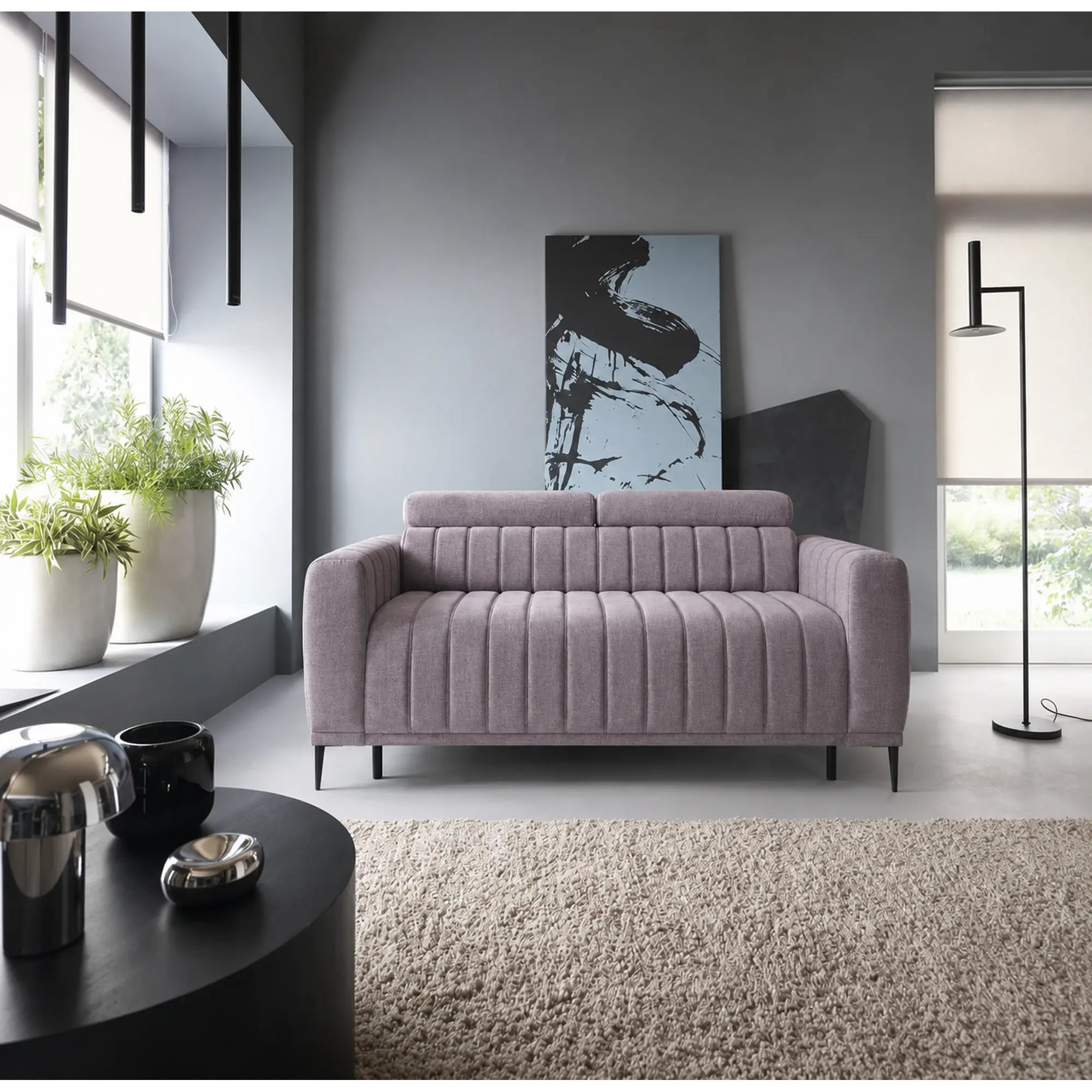 Canapea extensibila GANDI 140, stofa catifelata mov lila - Monolith 62, cu tetiere reglabile, 207x102x95 cm