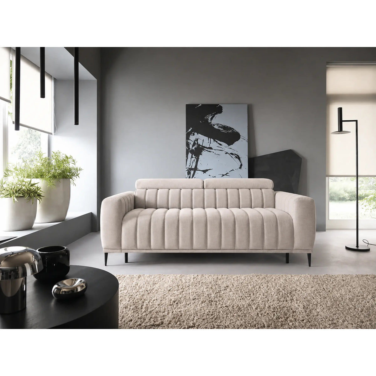 Canapea extensibila GANDI 160, stofa catifelata bej - Element 17, cu tetiere reglabile, 227x102x95 cm