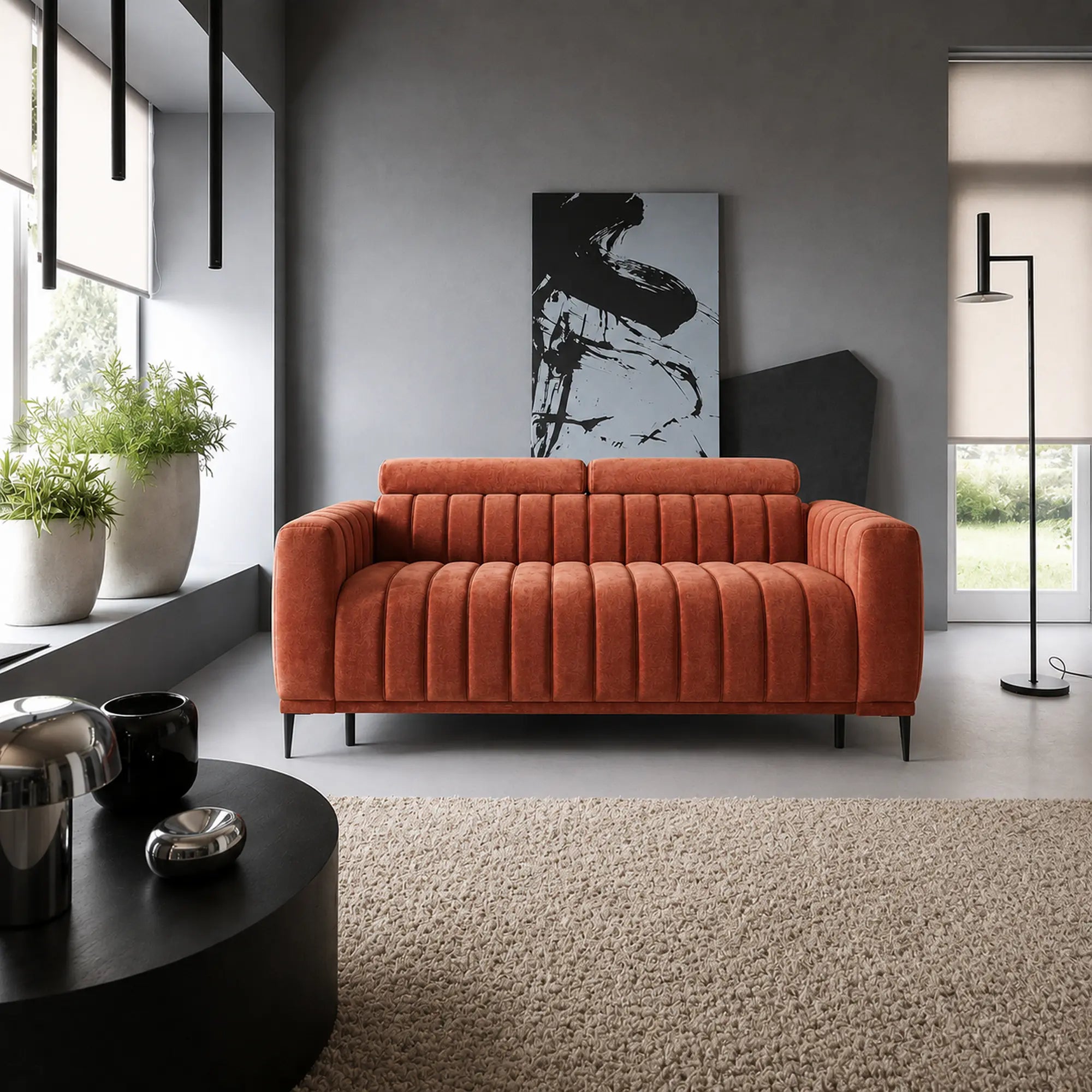 Canapea extensibila GANDI 160, stofa catifelata caramiziu - Salvador 07, cu tetiere reglabile, 227x102x95 cm