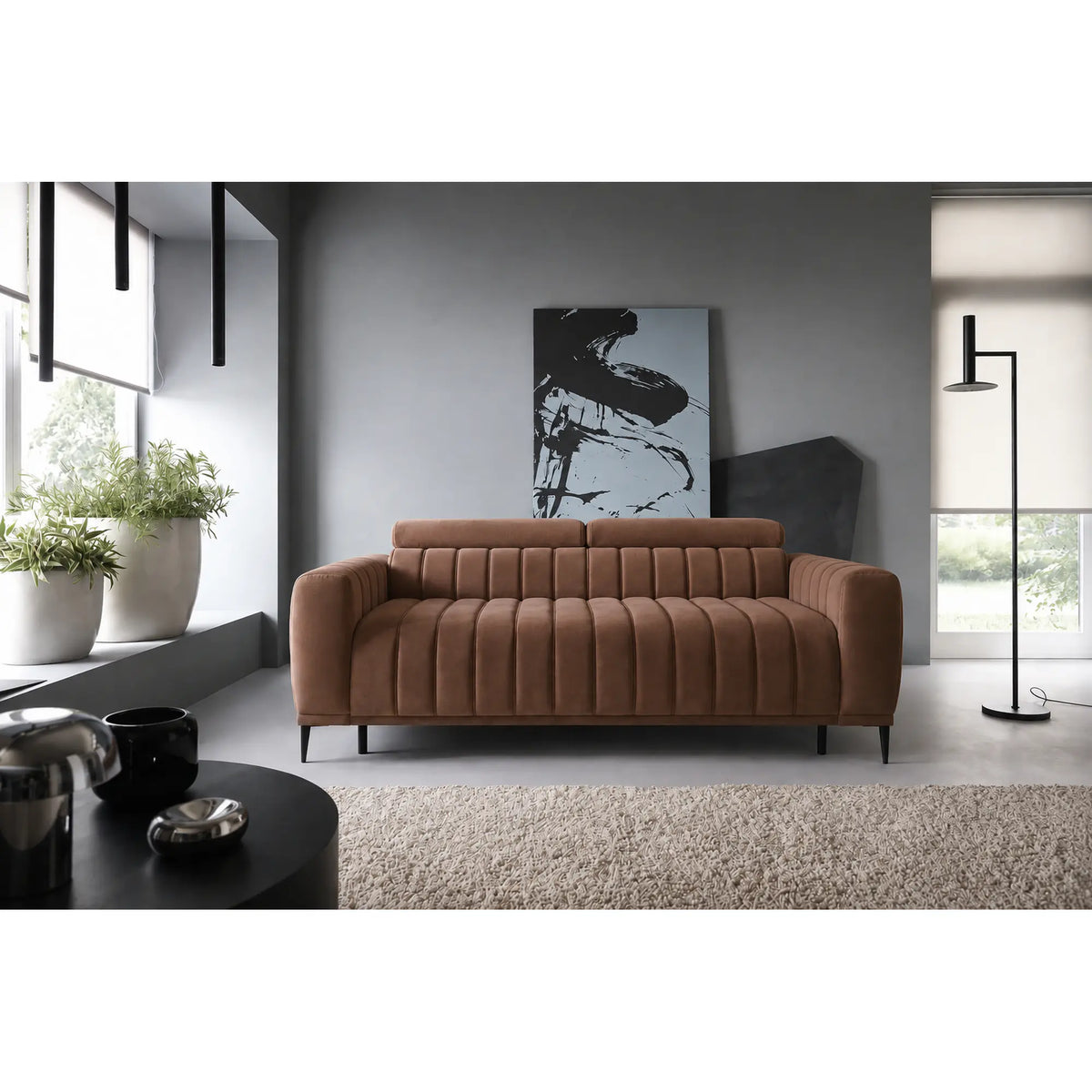 Canapea extensibila GANDI 160, stofa catifelata maro - Salvador 04, cu tetiere reglabile, 227x102x95 cm