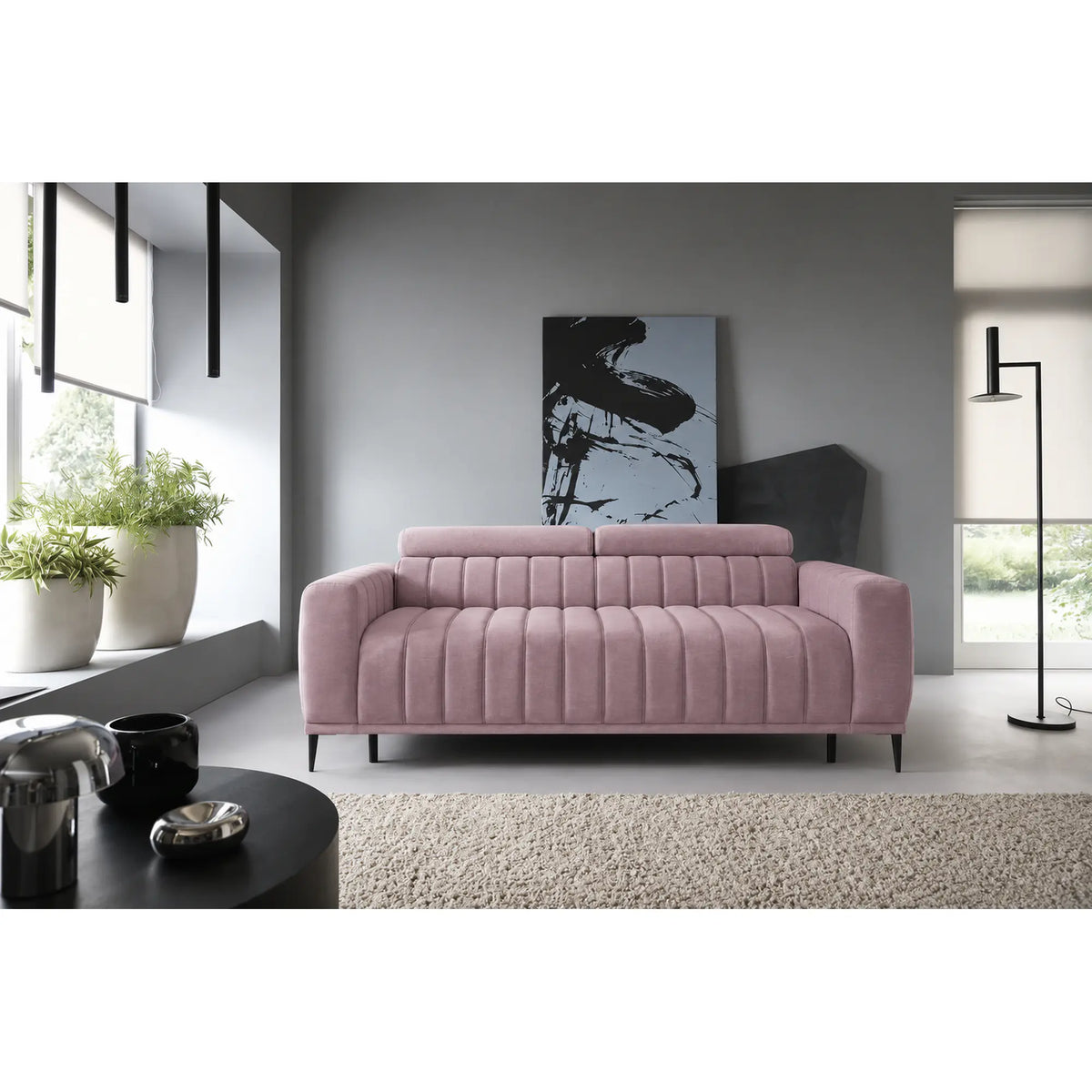 Canapea extensibila GANDI 160, stofa catifelata roz - Riviera 62, cu tetiere reglabile, 227x102x95 cm