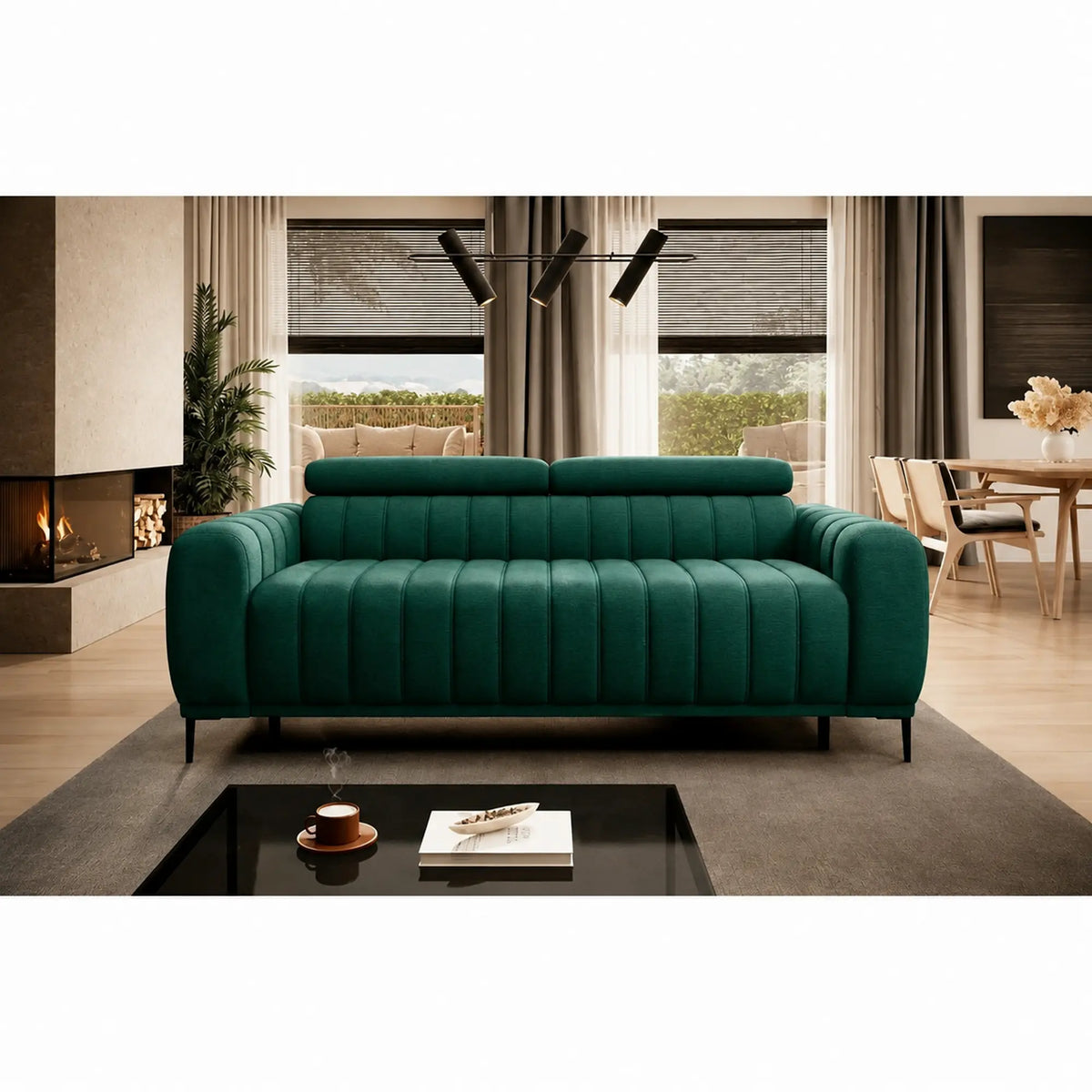 Canapea extensibila GANDI 160, stofa catifelata verde - Element 20, cu tetiere reglabile, 227x102x95 cm
