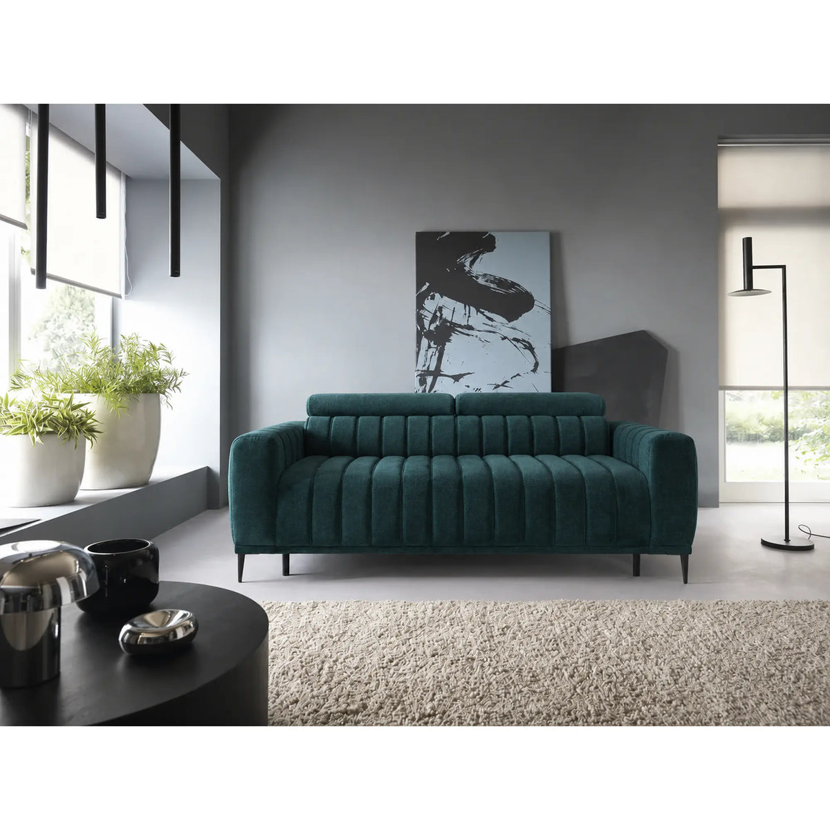 Canapea extensibila GANDI 160, stofa clasica turcoaz - Austin 14, gama Oferta Avantaj, cu tetiere reglabila, 227x102x95 cm