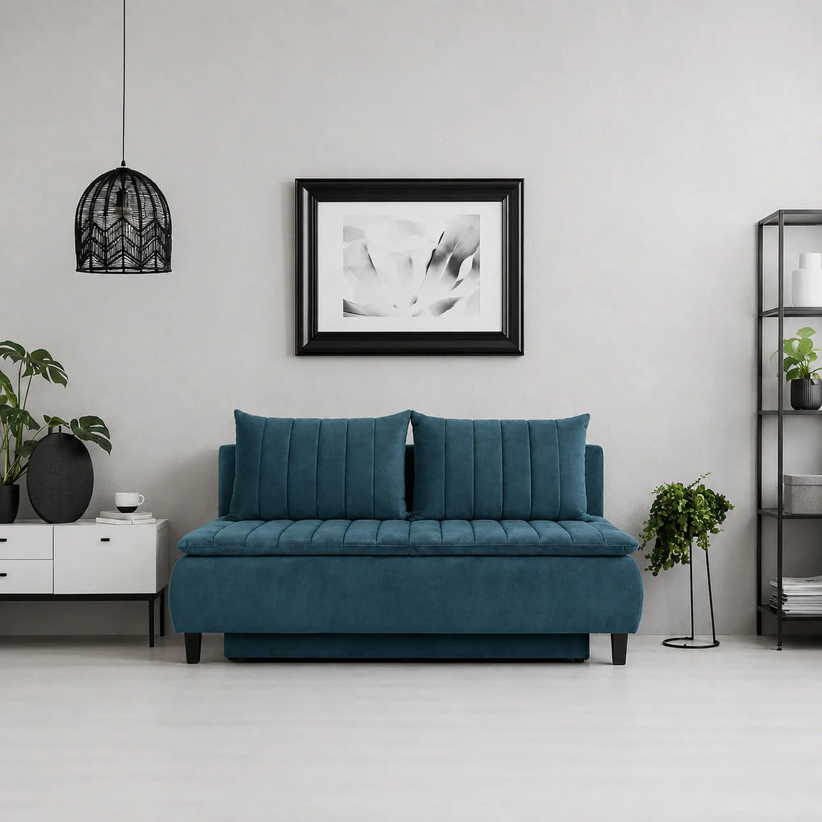 Canapea extensibila HARRY, stofa catifelata albastru azur - Element 14, lada depozitare, 208x102x96 cm